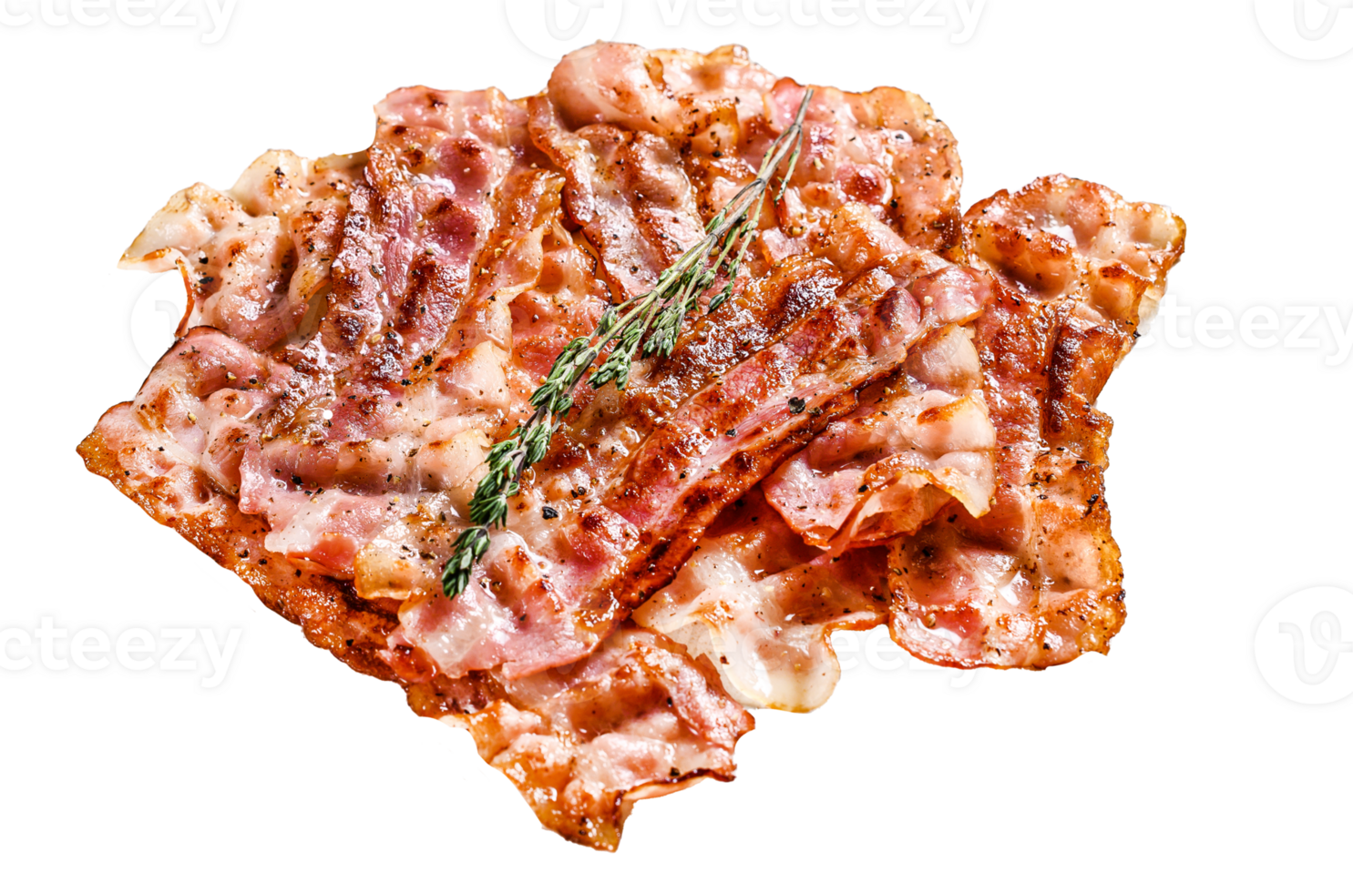 Sizzling hot bacon pieces. Organic meat. Gray background. Top view png