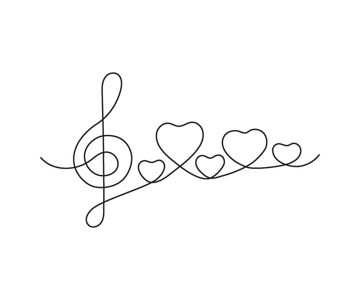 Music note in form heart and treble clef, continuous one art line drawing. Music is love concept. Hand drawn doodle sketch. illustration vector