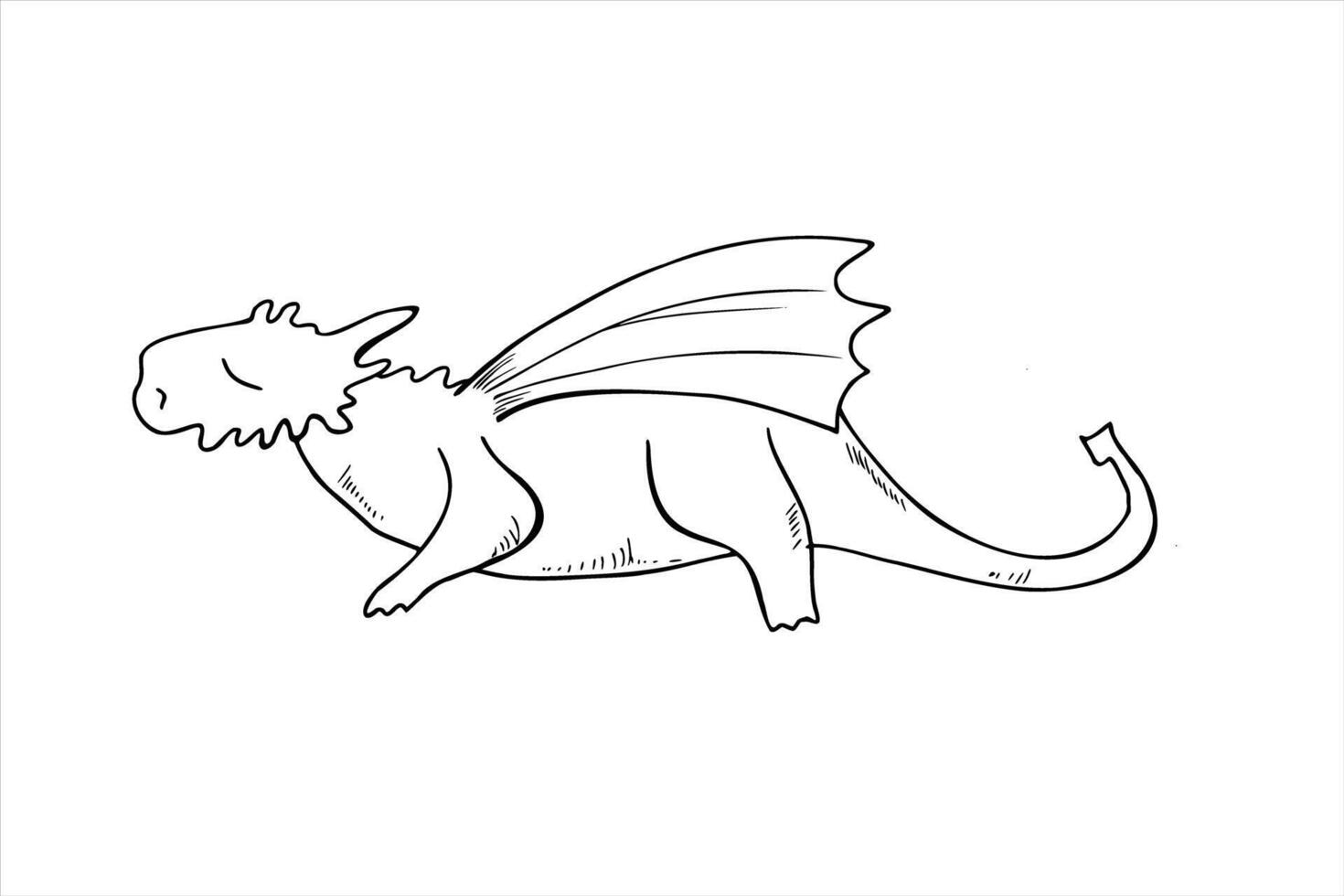 Dragon doing yoga and standing in plank position line art black ink sketch. Fairytale animal practicing fitness monochrome flat. Plank Exercise, core workout, to make perfect body. For book, tattoo vector