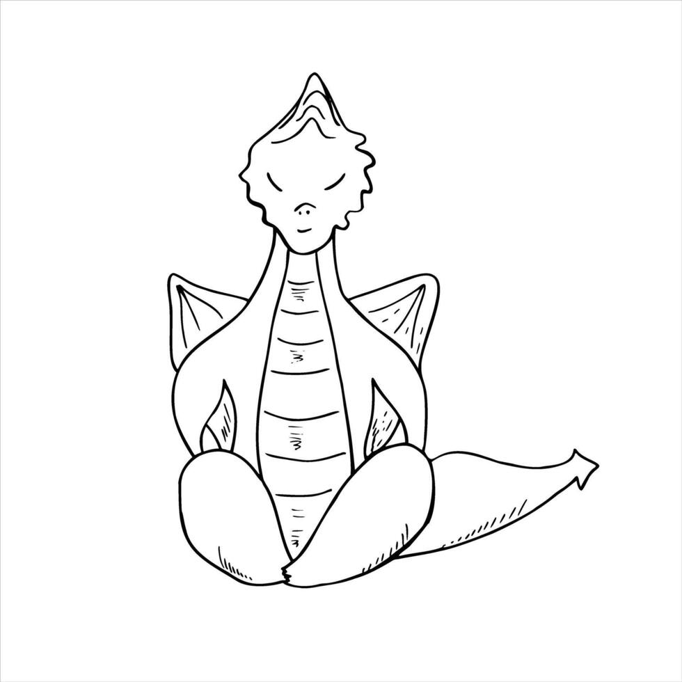 Monochrome dragon sitting in lotus pose illustration painted by black inks. . Fairytale animal practicing fitness exercises and meditation graphic sketch. For yoga center, spa, label, poster vector