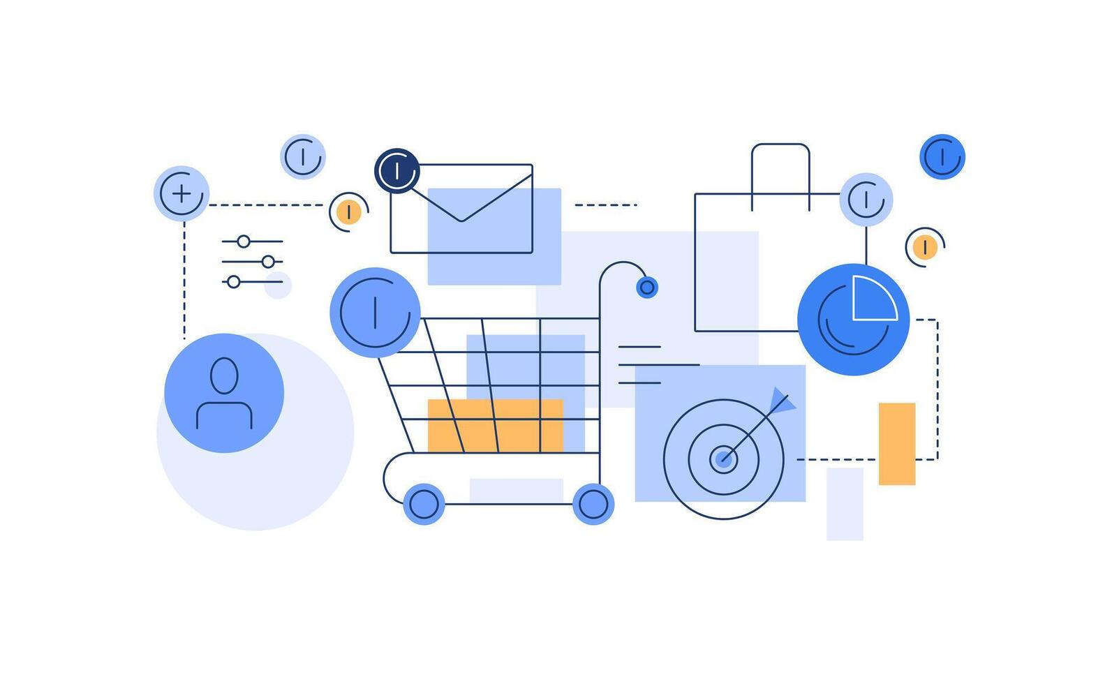 E-commerce. Shopping cart with marketing related objects. Modern flat illustration. Web banner vector