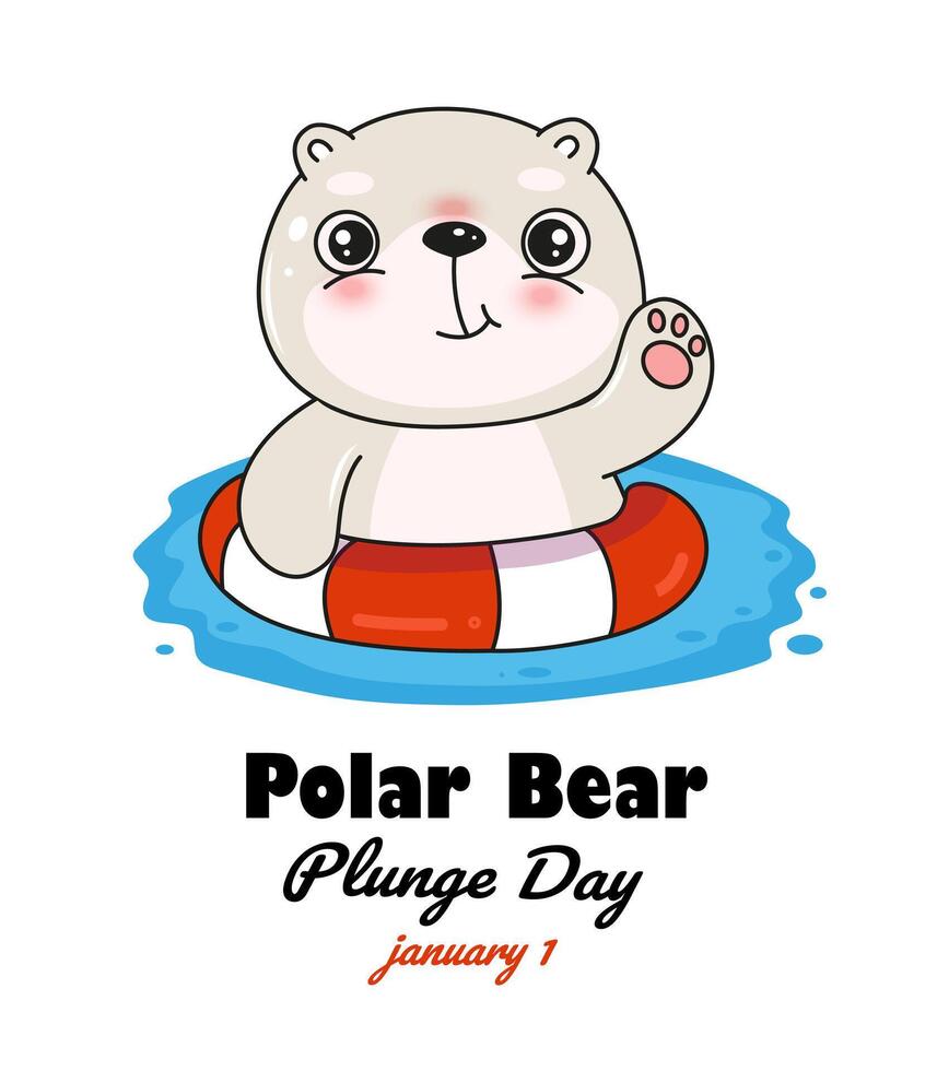 Polar bear plunge day banner, greeting card with cute cartoon white kawaii bear vector