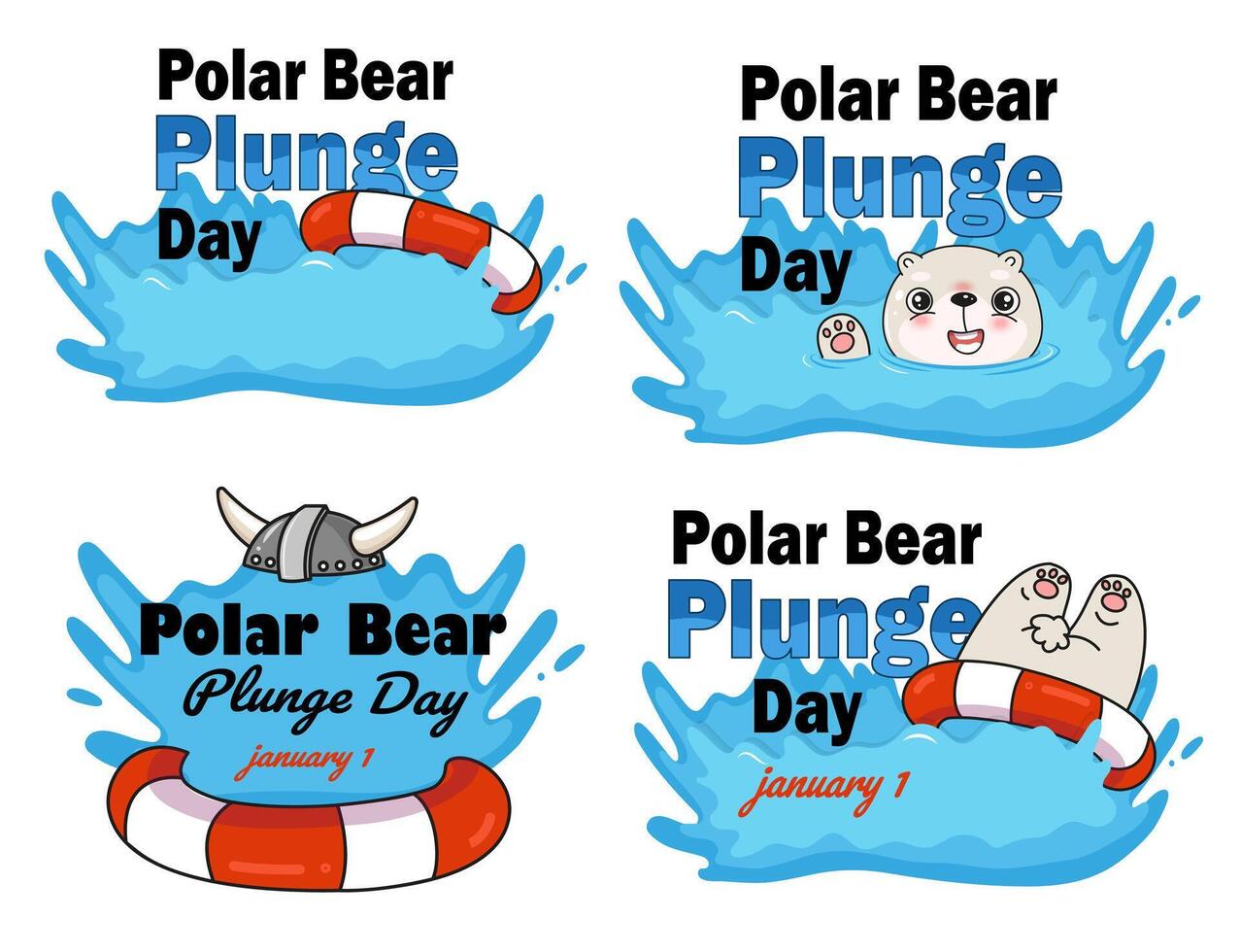 Polar bear plunge day banners with cute cartoon white kawaii bear vector