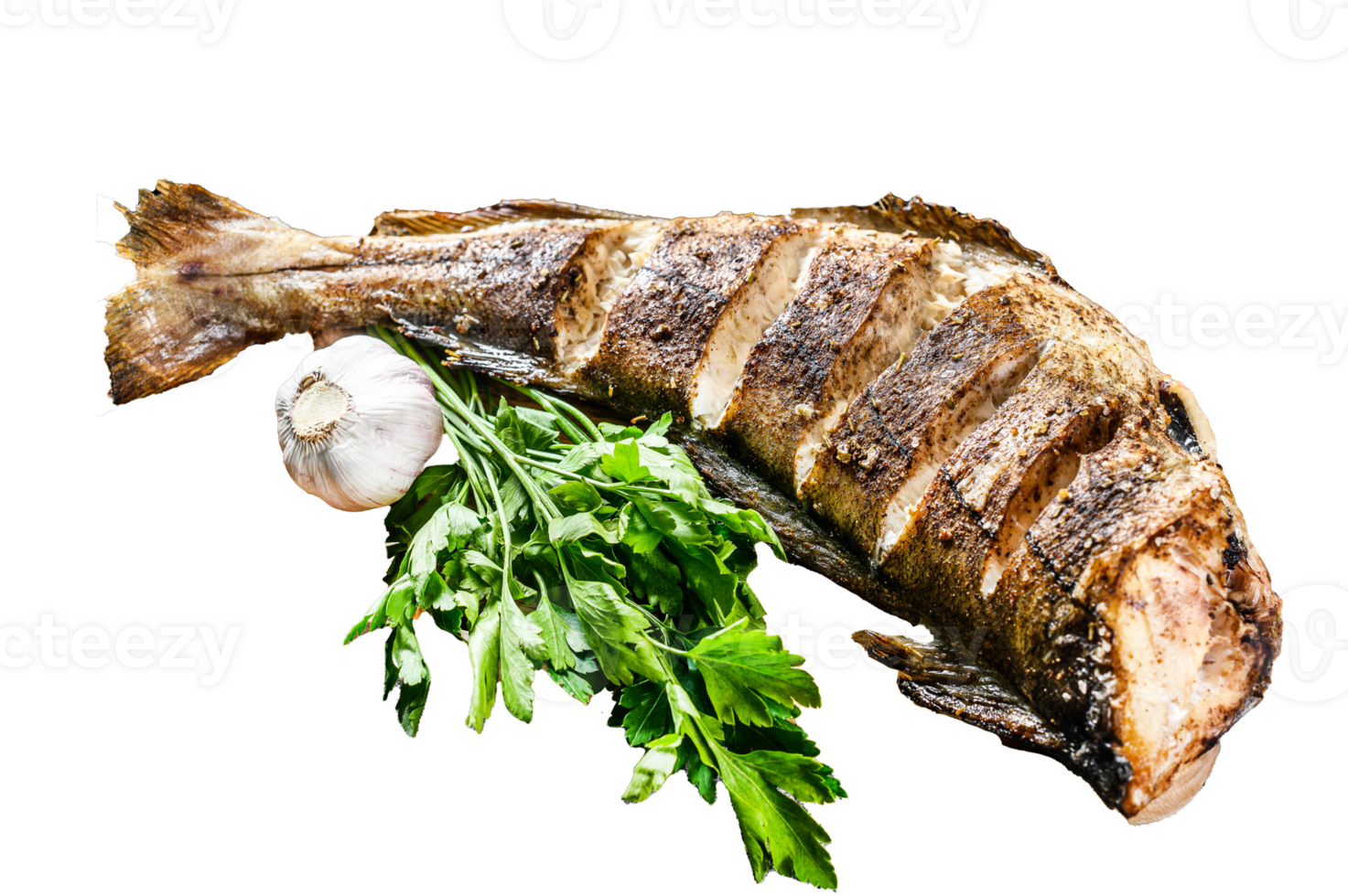 Cooking grilled haddock fish. Gray background. Top view png