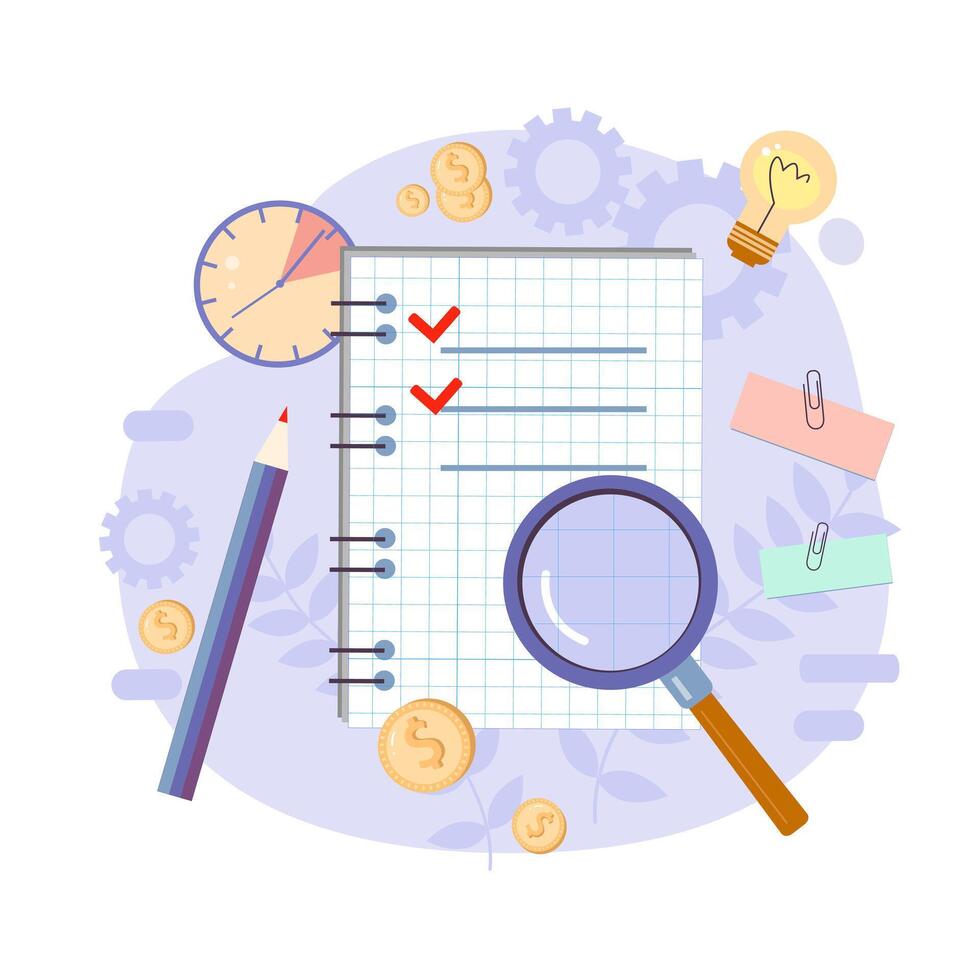 Productivity illustration. Magnifier. Effective time management elements for your design. Planning tasks, activities, schedules, working time. Characters people at work. vector