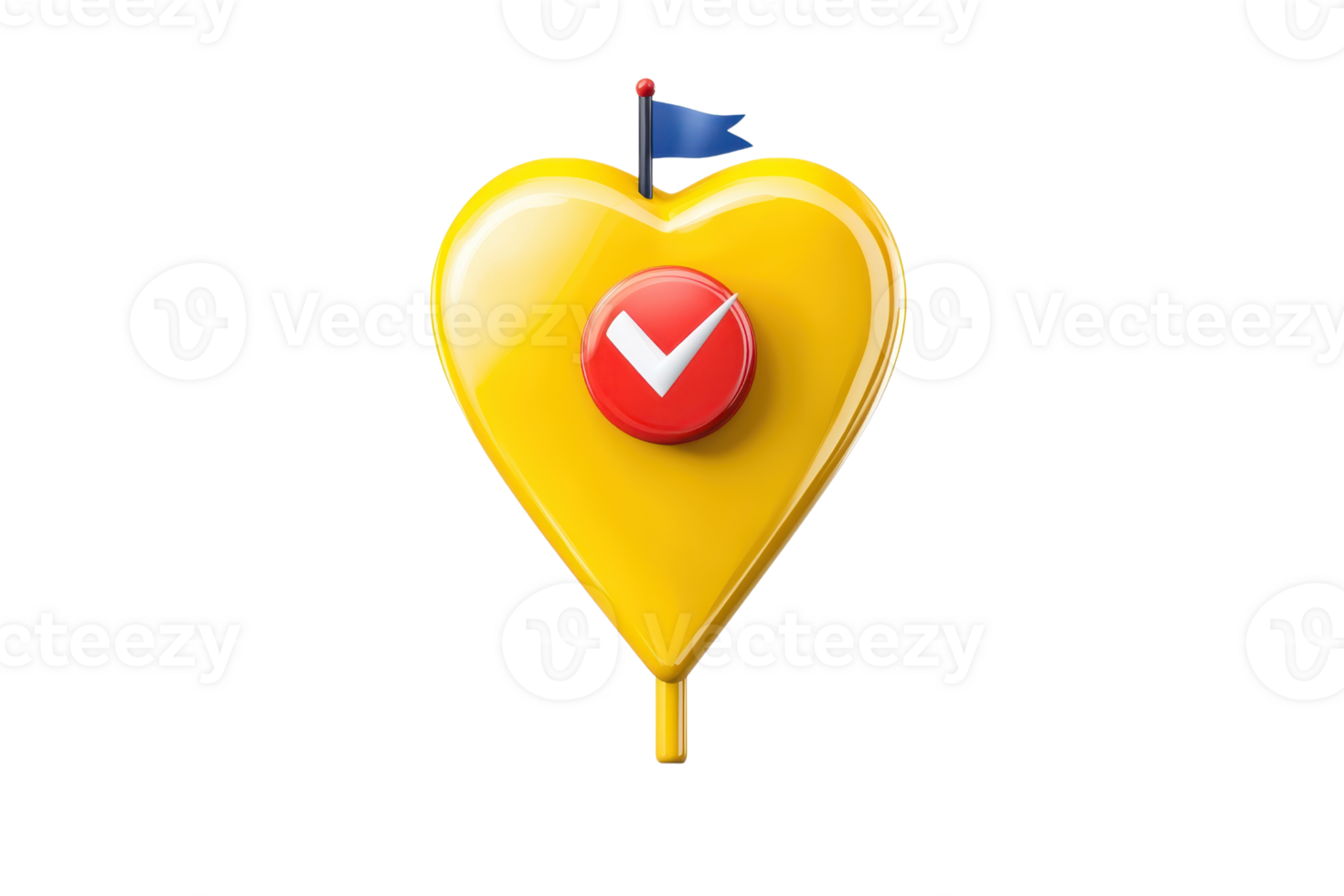 A bright yellow heart-shaped location marker featuring a red checkmark and a small flag, symbolizing approval or favorite spots. png