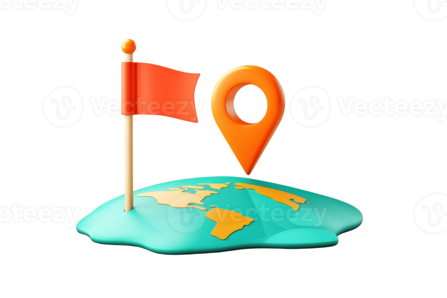 A vibrant location marker features an orange pin and a red flag on a stylized globe, symbolizing travel and exploration. png