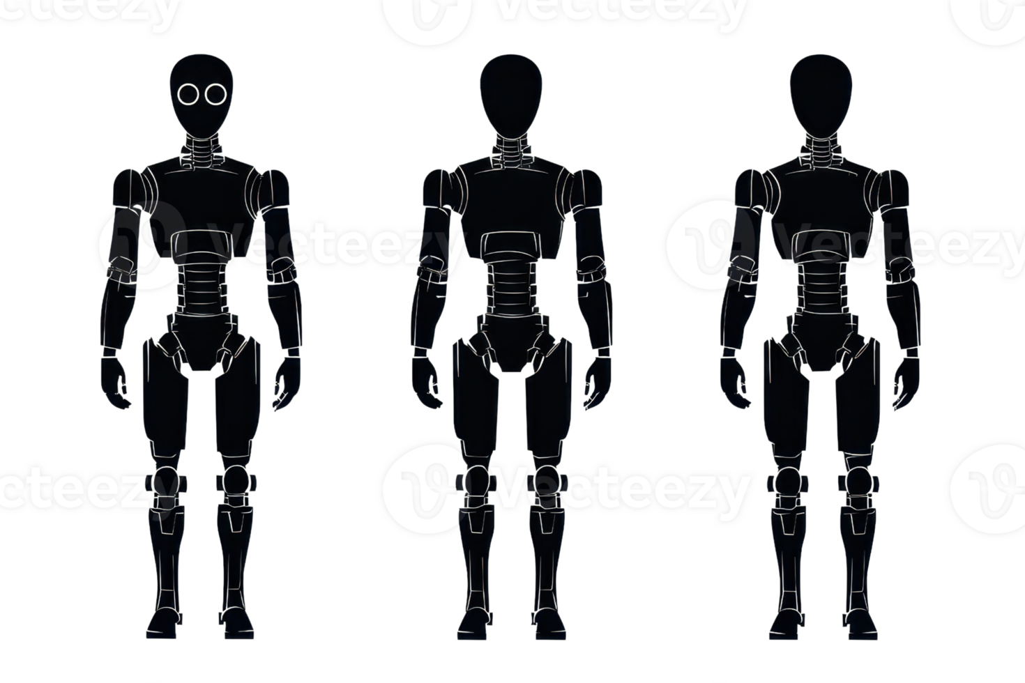 A trio of humanoid figures with sleek, futuristic designs featuring distinct features and advanced robotic elements. png