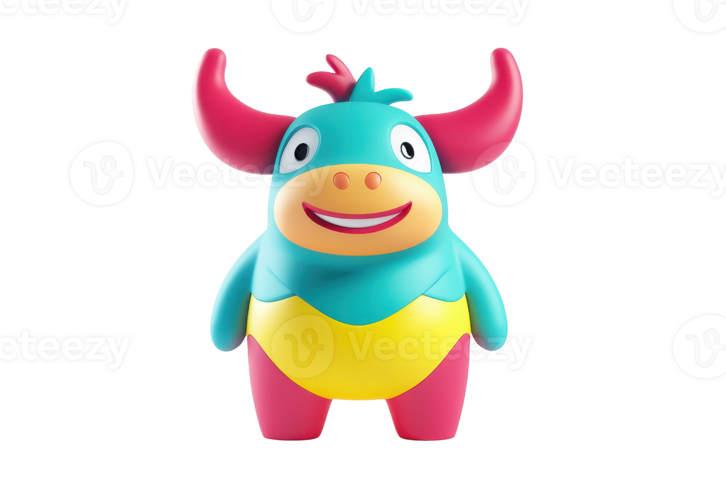 A colorful, cartoonish creature with large horns, a cheerful expression, and a rounded body design. png