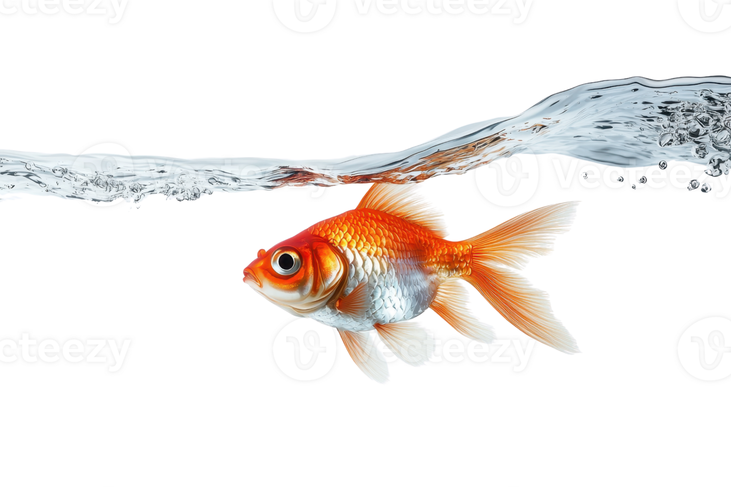 A goldfish swims gracefully just below a sparkling water surface, displaying vibrant orange and white hues. png