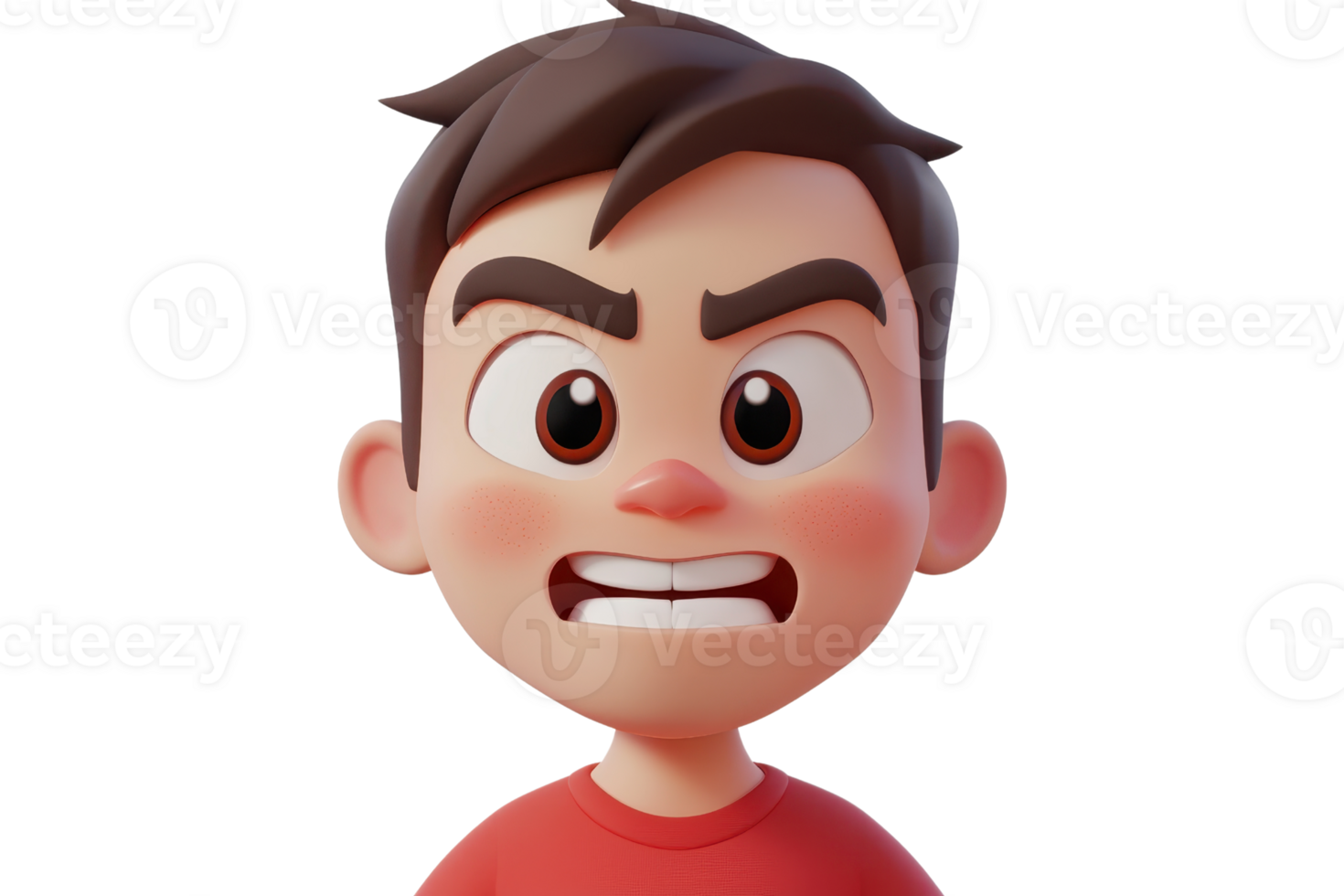 A cartoon boy with a furious expression, featuring spiky brown hair and rosy cheeks, wearing a red shirt. png