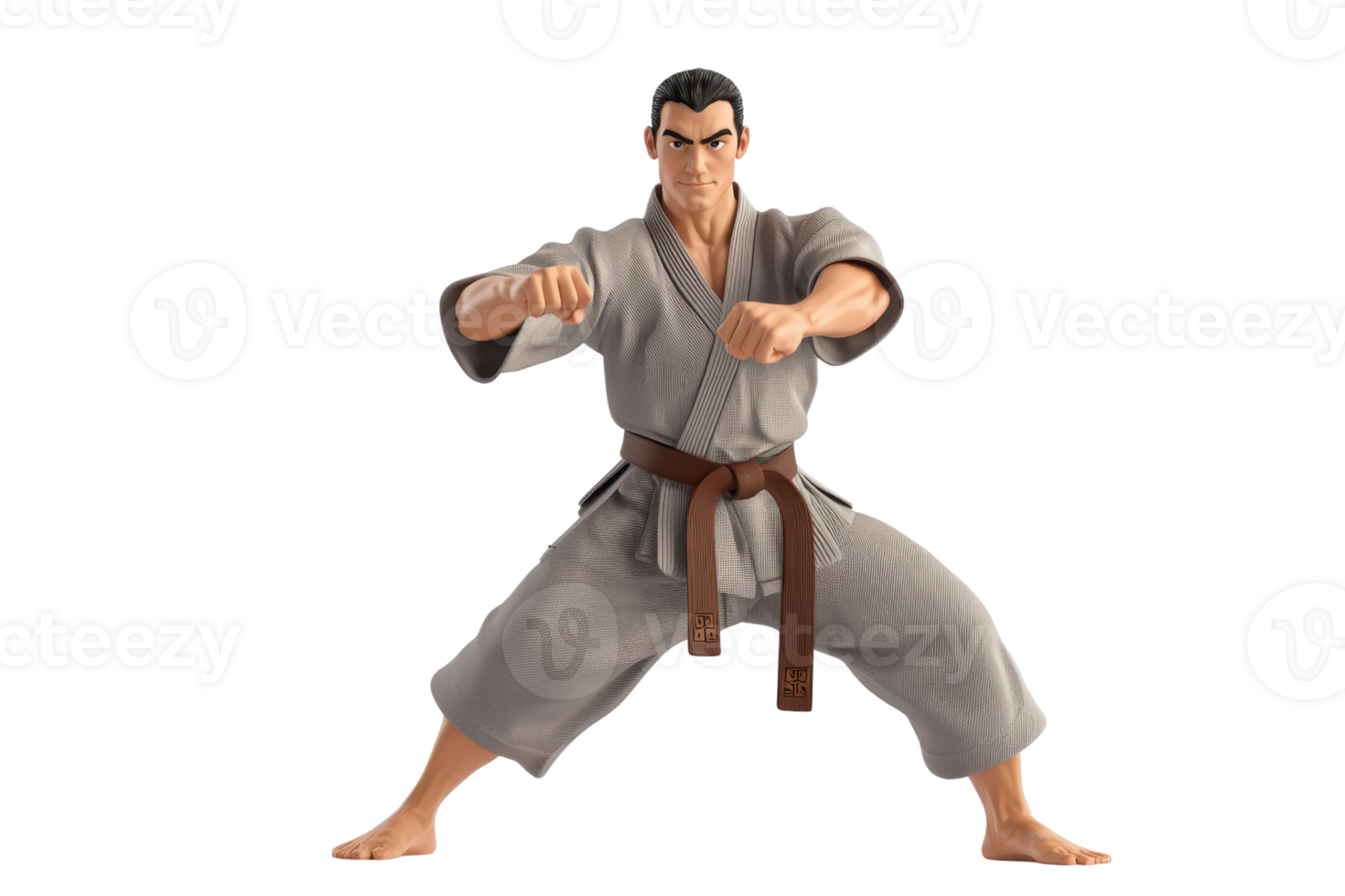 A martial artist in a fighting stance, wearing a gray uniform and a brown belt, showcasing strong posture and readiness for action. png