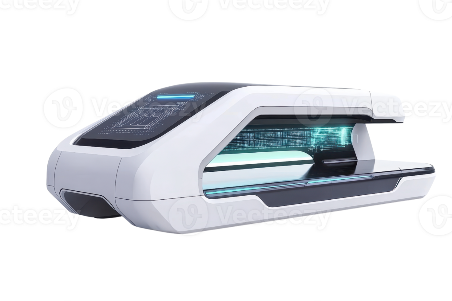 A sleek, modern device designed for advanced scanning or diagnostics, featuring an interactive display and illuminated components. png