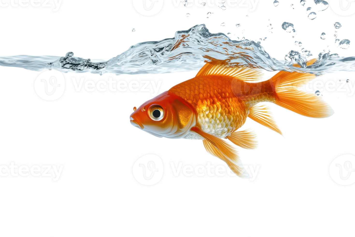 A vibrant goldfish swimming gracefully beneath the water's surface, highlighted by bubbles and ripples. png
