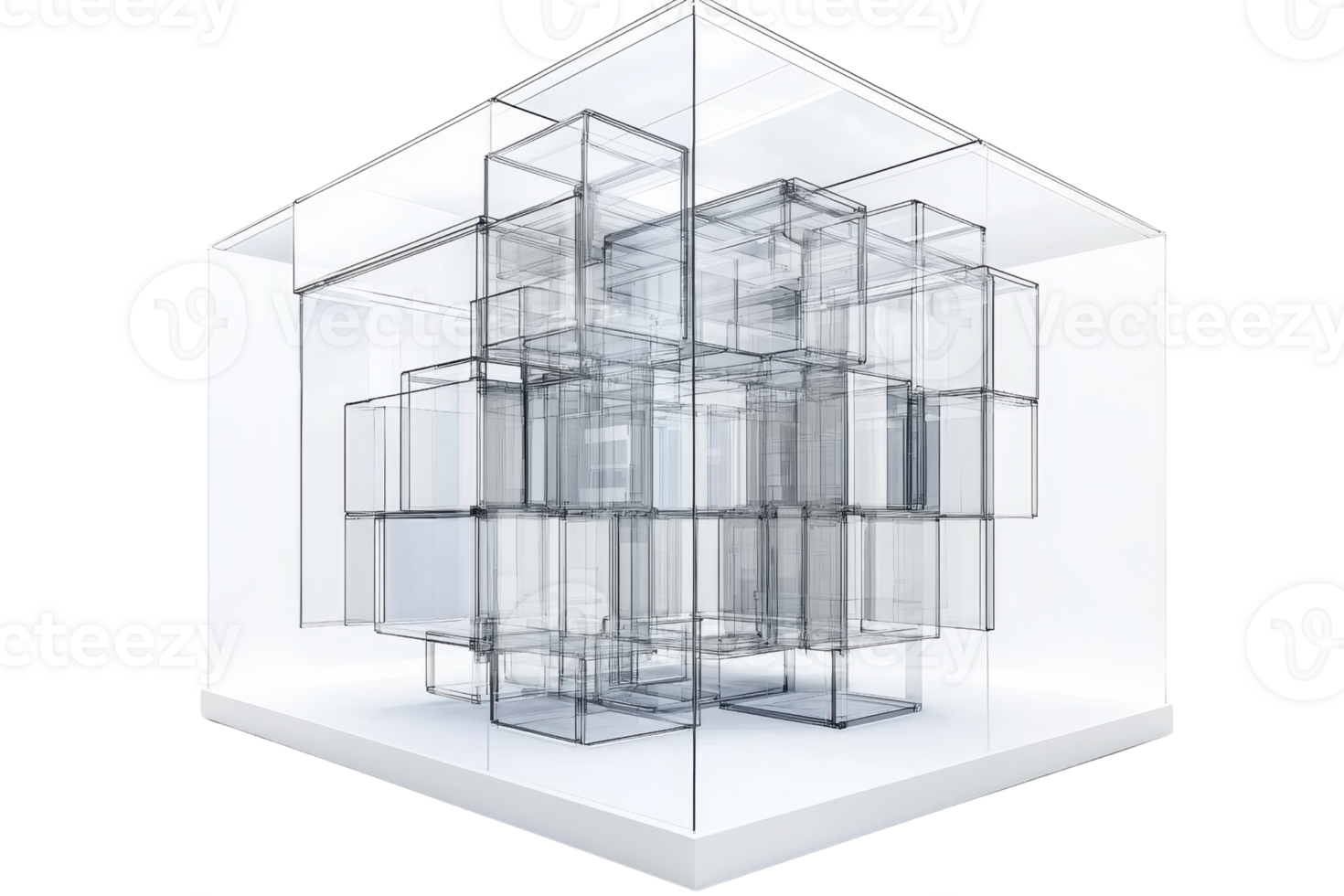 A geometric structure composed of intersecting cubical frames, creating a complex, three-dimensional form. png