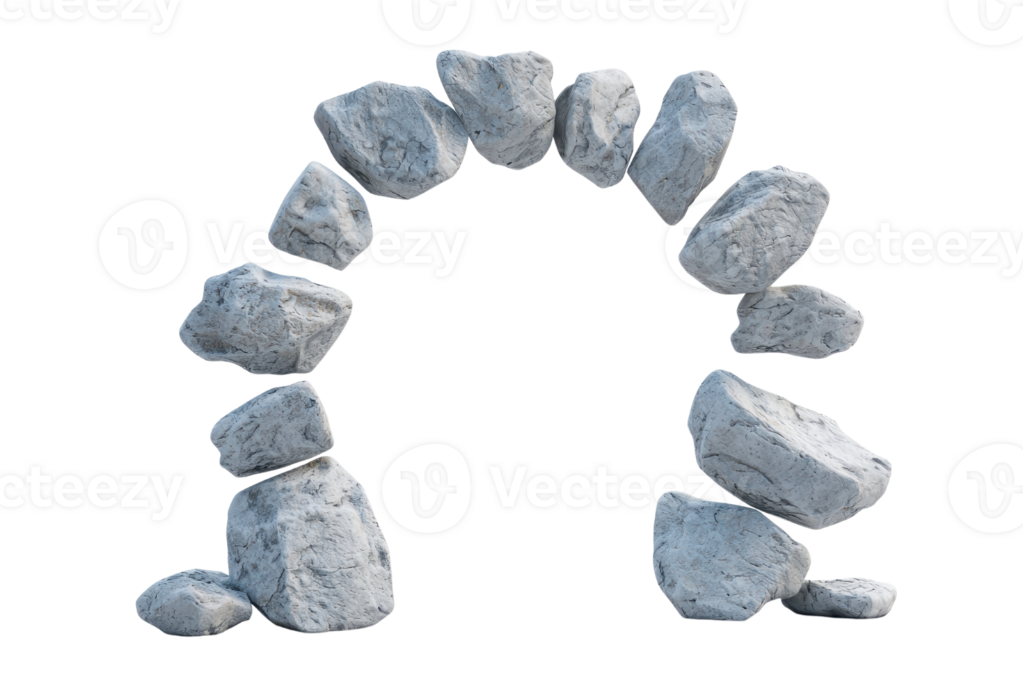 A series of stones arranged in an arch formation, showcasing unique textures and shapes. png