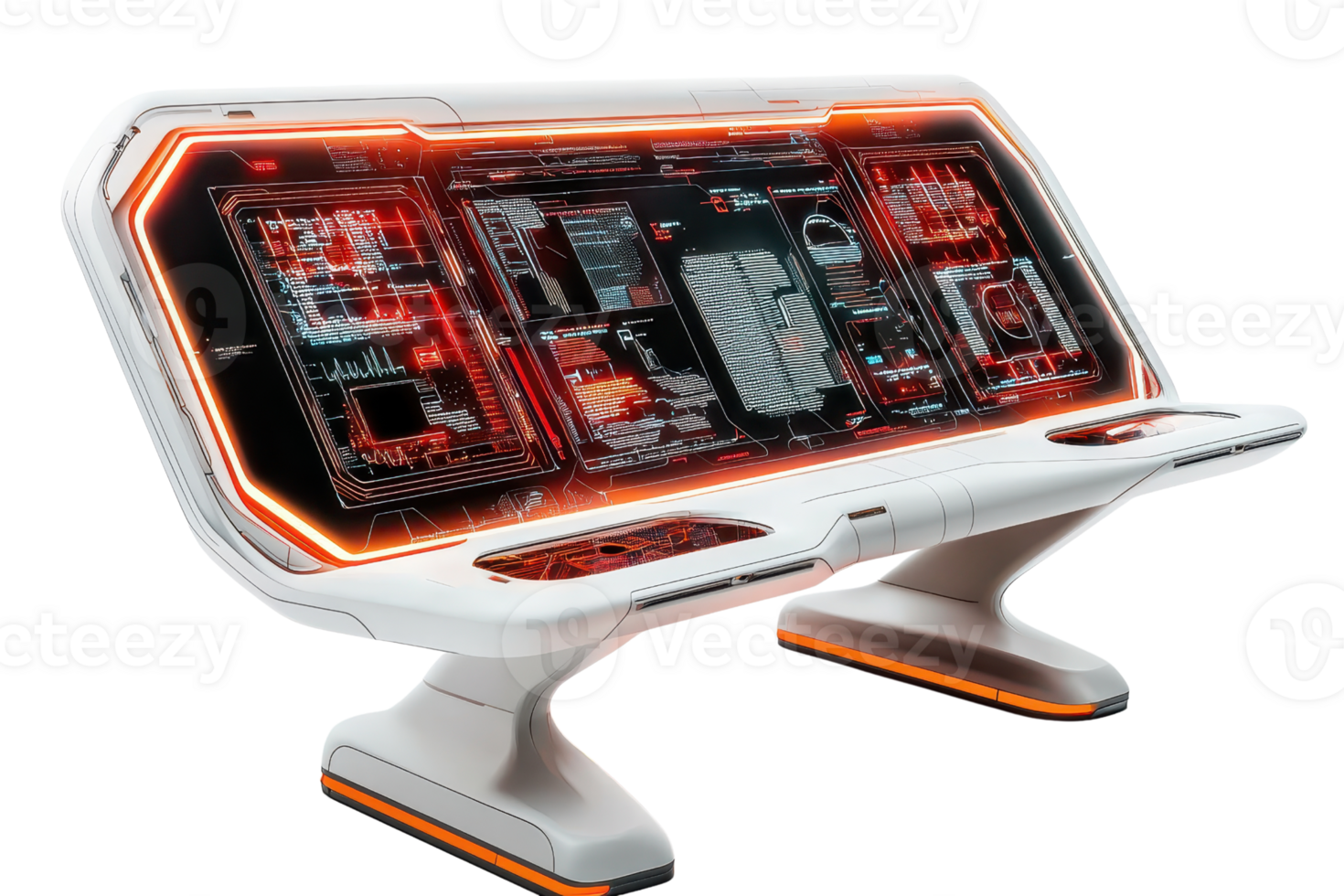 A futuristic interactive console featuring glowing panels and intricate circuit designs, designed for advanced technological applications. png