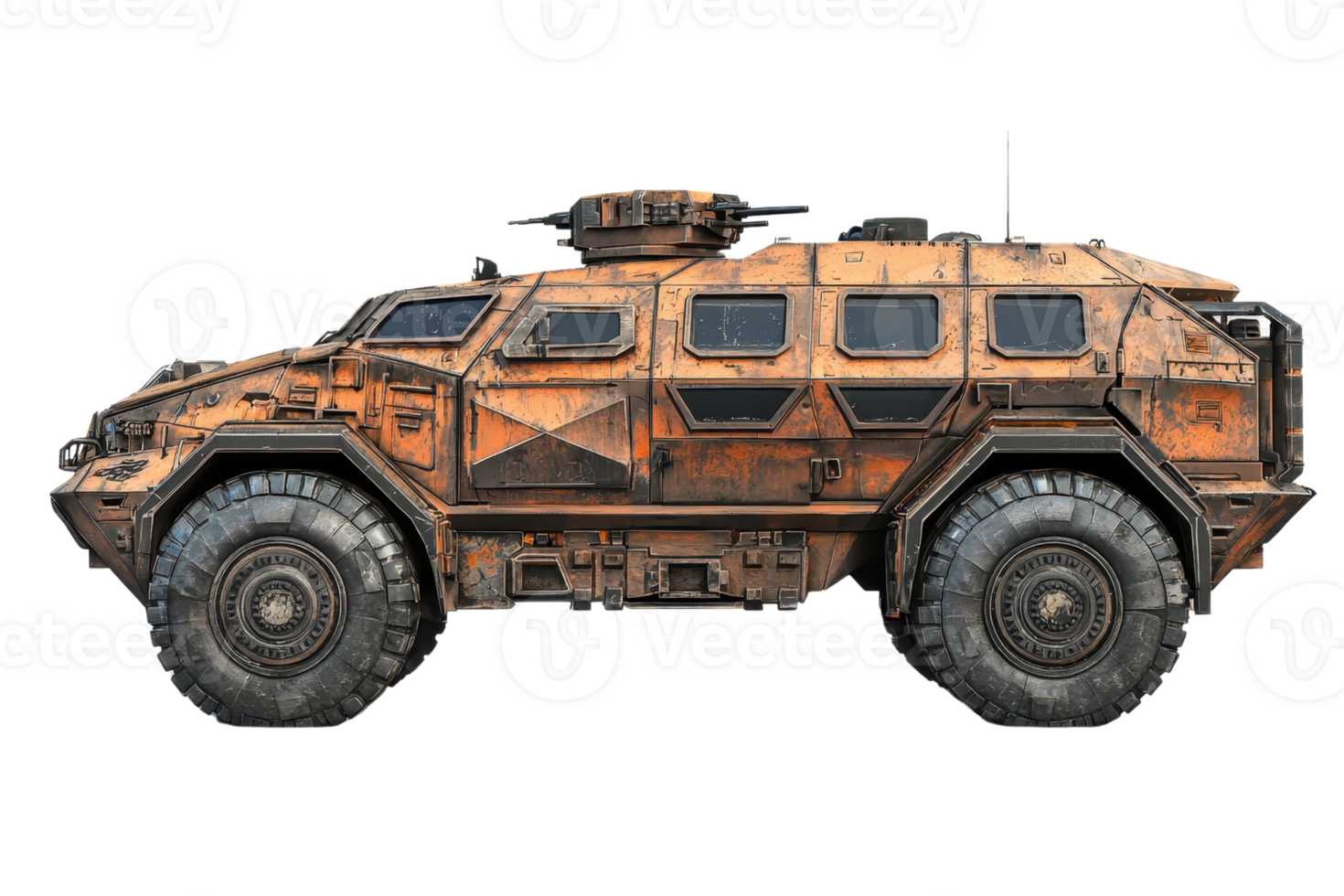 A rugged armored vehicle with a distinctive orange and black camouflage pattern, designed for military or tactical use. png