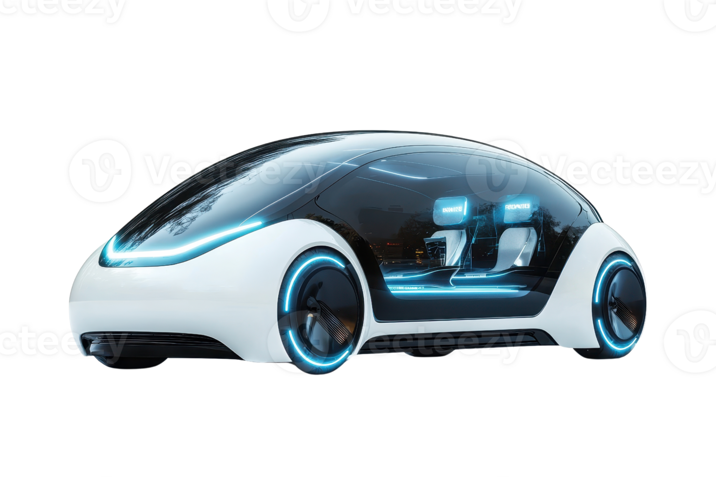 A futuristic, sleek electric vehicle with a streamlined design and glowing blue accents. png