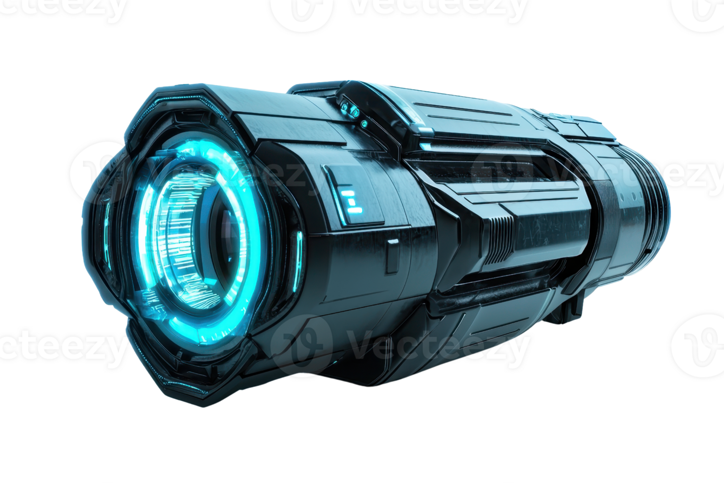 A futuristic, cylindrical device with a glowing blue ring, showcasing intricate mechanical details and a sleek design. png