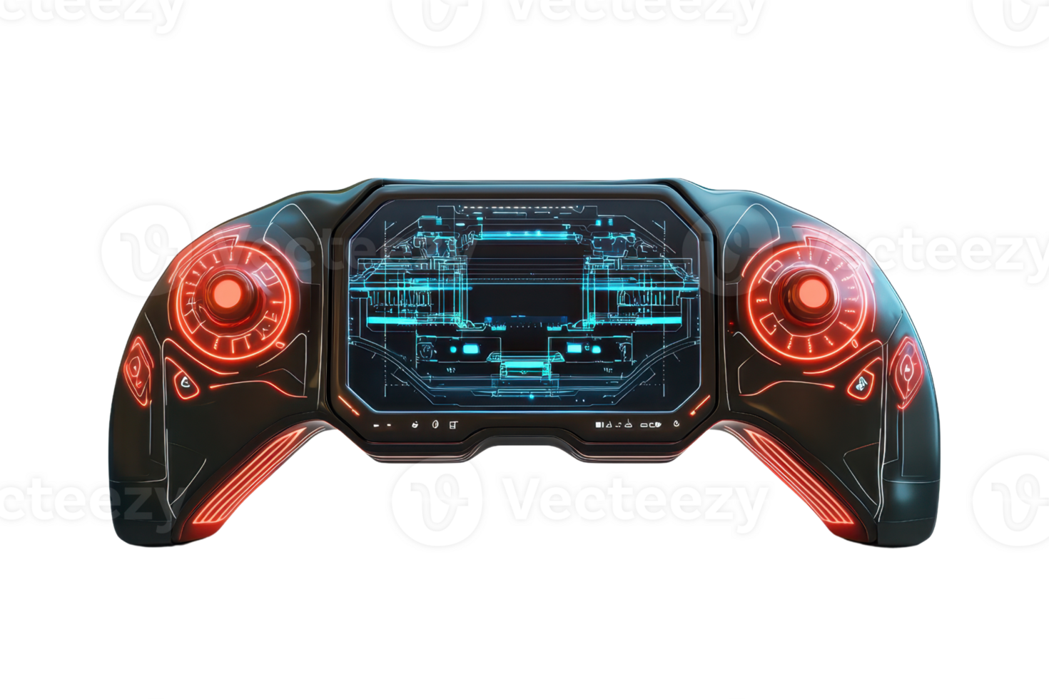 A futuristic gaming controller featuring glowing elements and a digital interface, designed for immersive gaming experiences. png