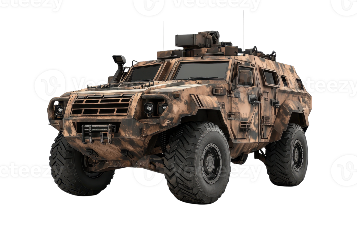 A rugged military vehicle with a camouflaged exterior, designed for off-road capabilities and enhanced protection. png