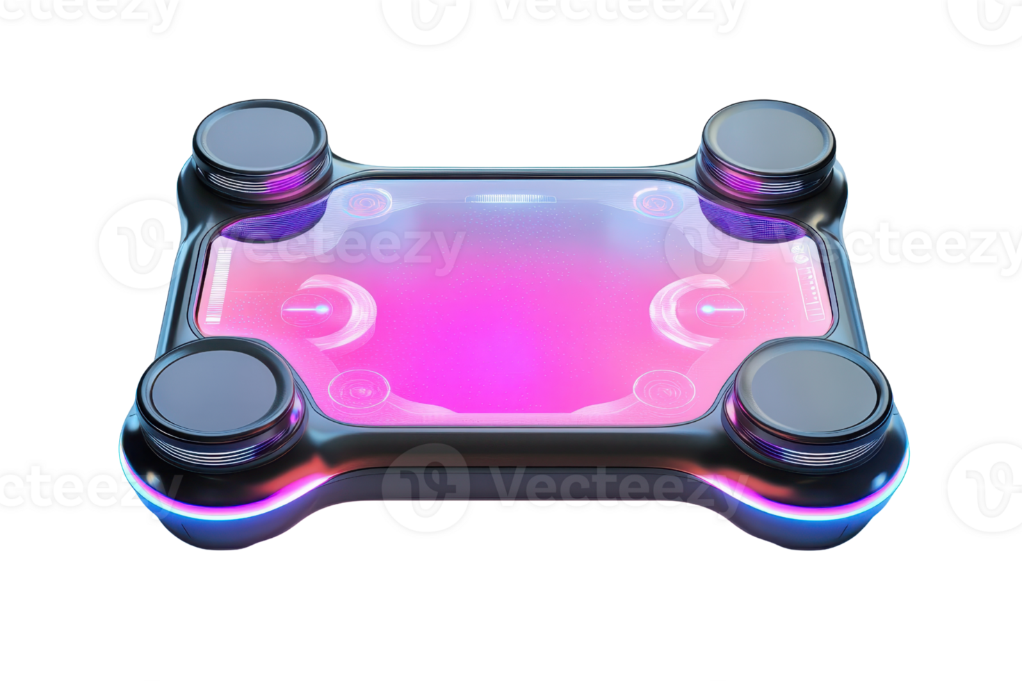 A sleek, illuminated gaming controller with a colorful, glowing surface and ergonomic design. png