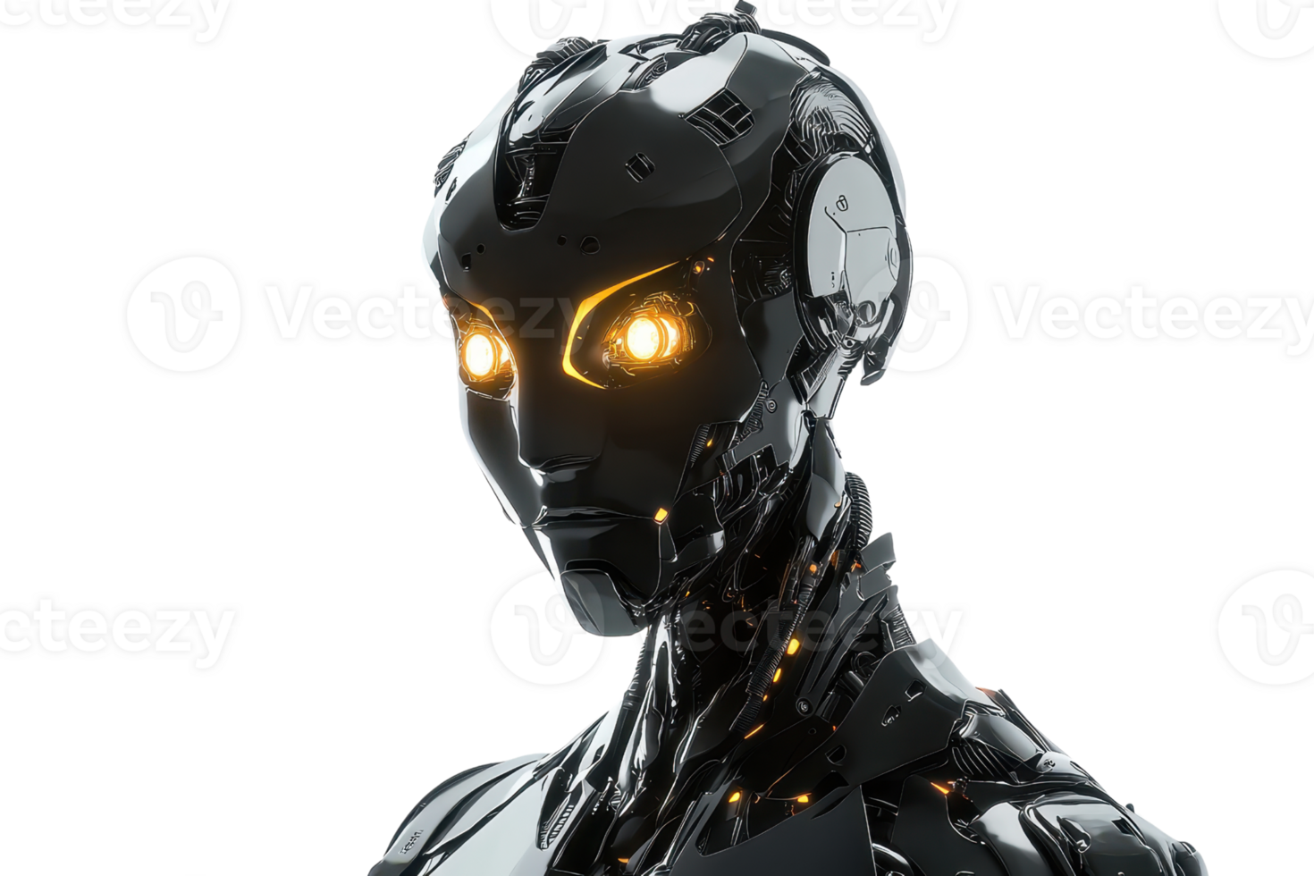 A futuristic robot head with glowing yellow eyes, showcasing intricate metallic details and advanced design. png