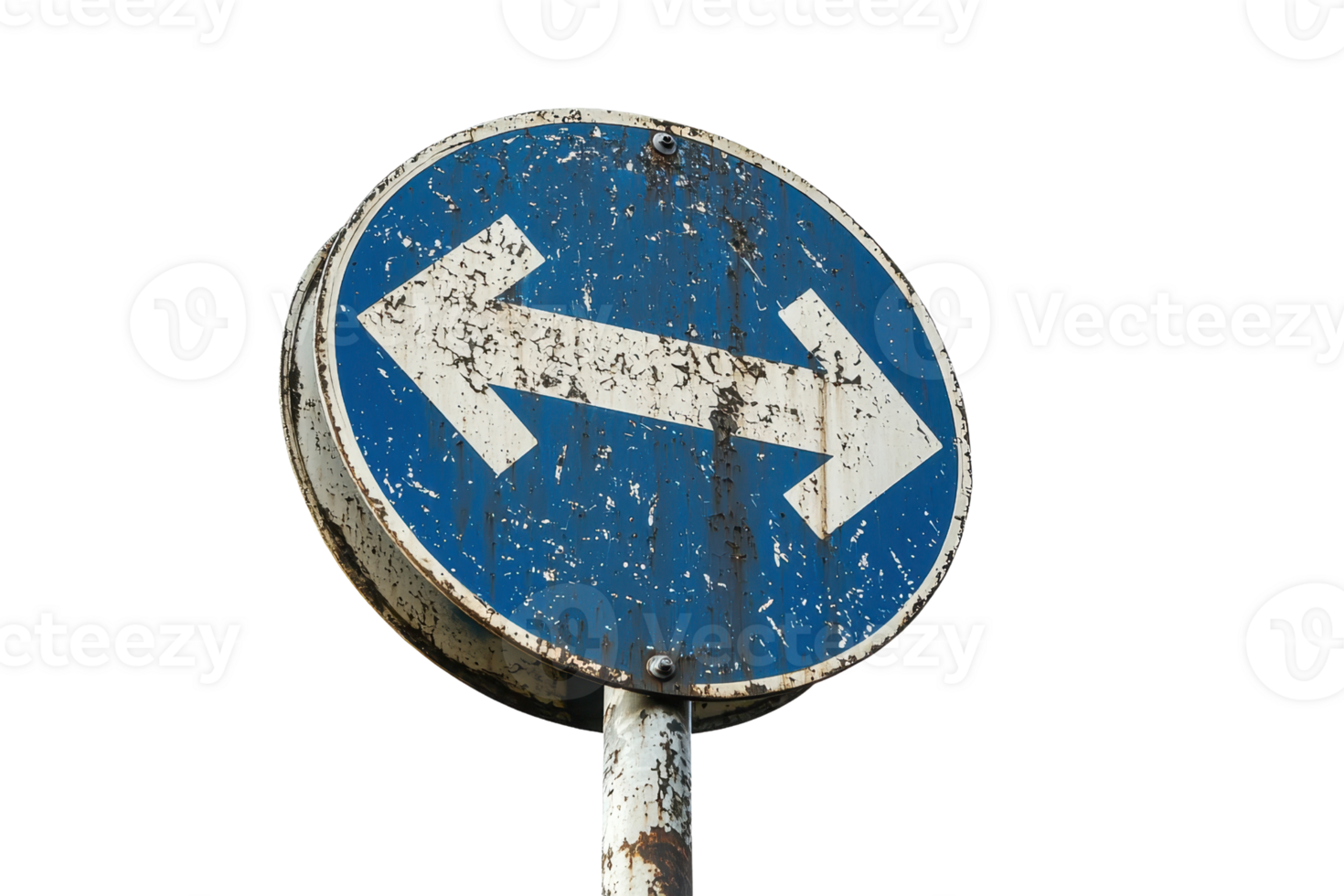 A weathered blue circular sign featuring two white arrows pointing left and right, indicating direction. png