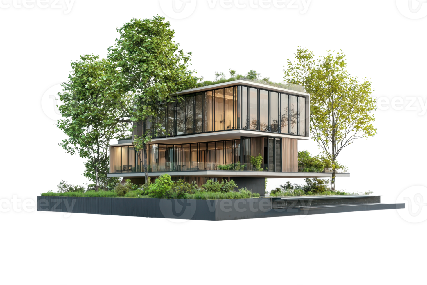 A modern architectural design featuring a multi-level building surrounded by lush greenery. png
