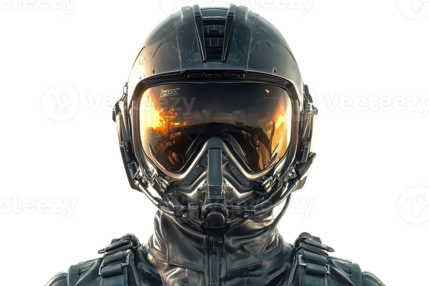A detailed pilot helmet featuring a reflective visor, designed for high-altitude flight with a sleek, modern aesthetic. png