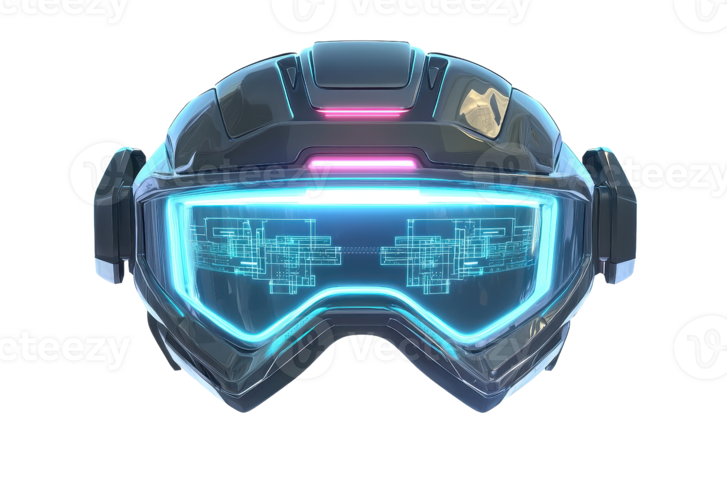 High-tech virtual reality goggles featuring glowing blue and pink accents, designed for immersive experiences and advanced visual engagement. png