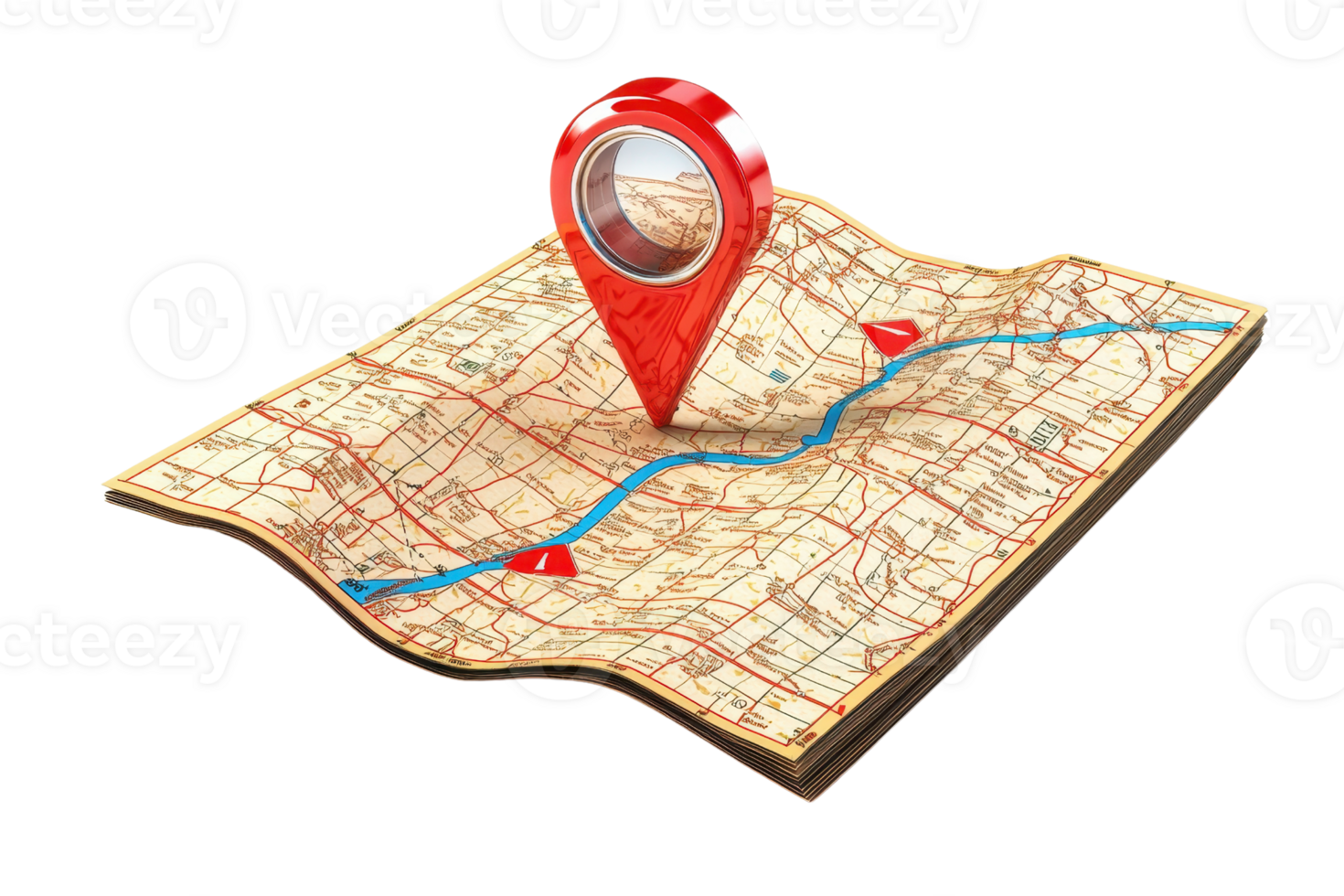 A detailed map featuring a prominent red location pin, highlighting specific routes and landmarks. png