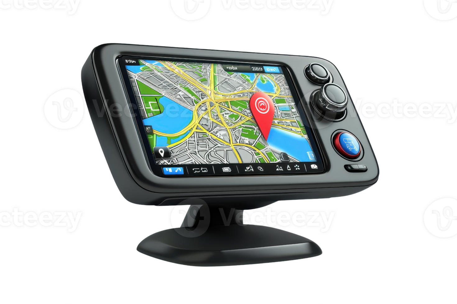 A GPS navigation device featuring a colorful map display with a location marker prominently shown. png
