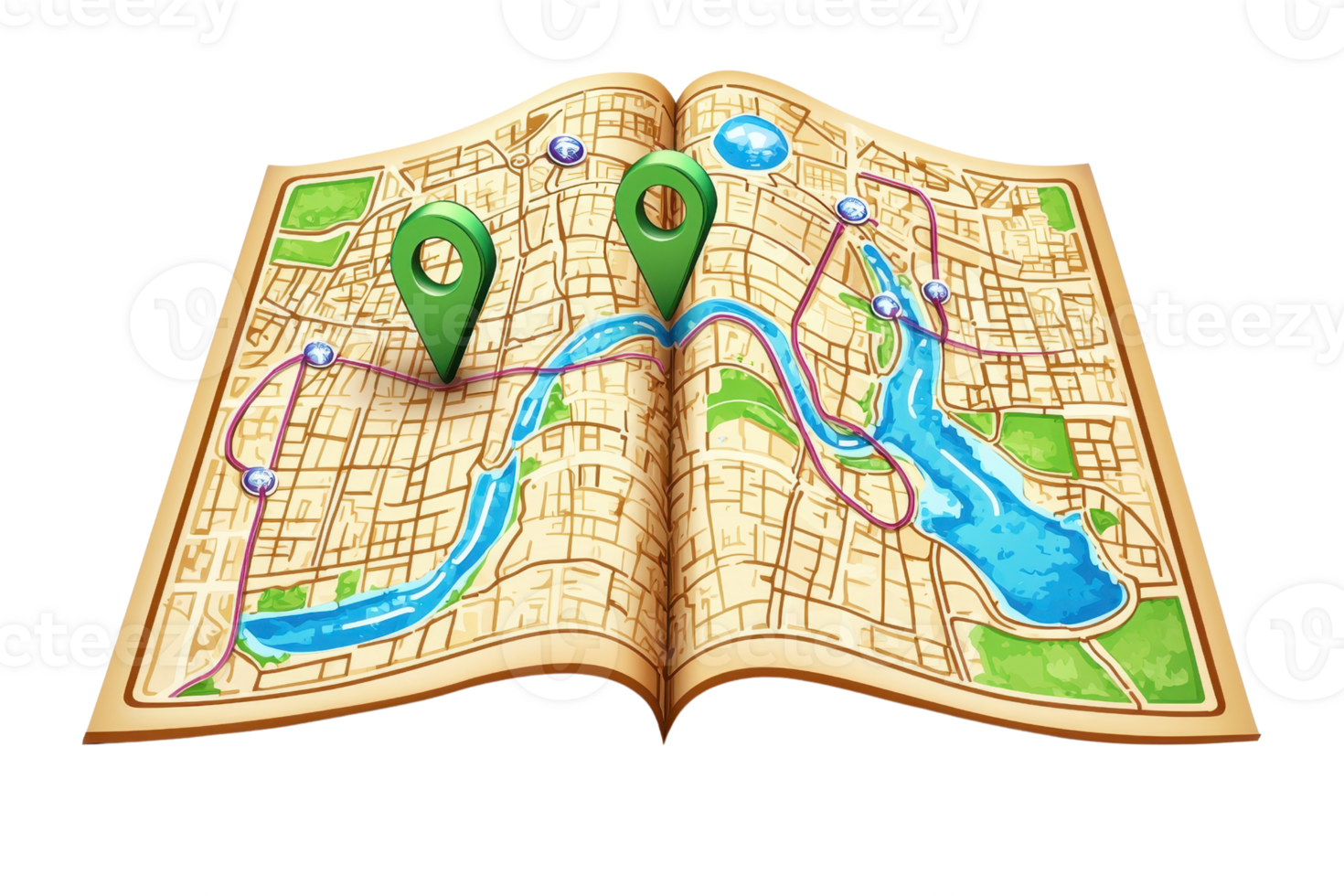 A detailed map with highlighted routes and two green location markers prominently displayed. png
