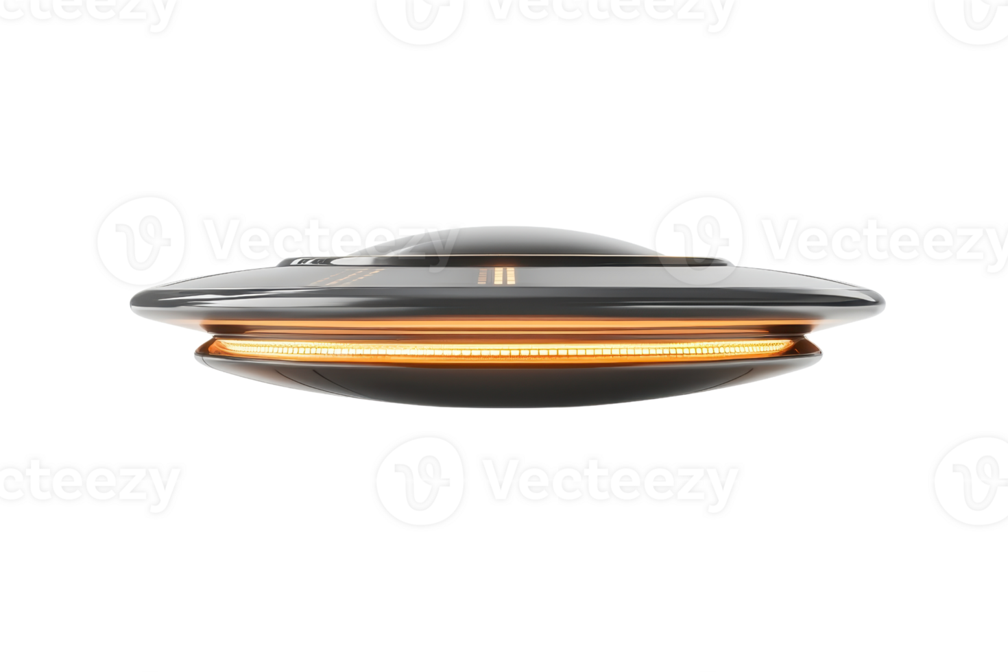 A sleek, futuristic flying saucer with glowing details, showcasing a polished metallic finish and a smooth, rounded shape. png