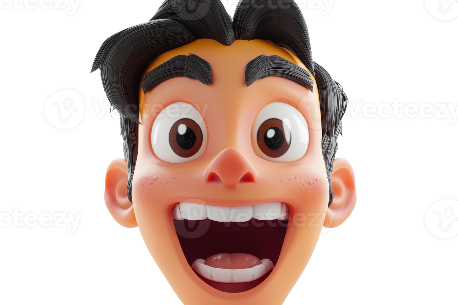 A cheerful cartoon character with big expressive eyes and a wide smile, showcasing a playful and friendly demeanor. png