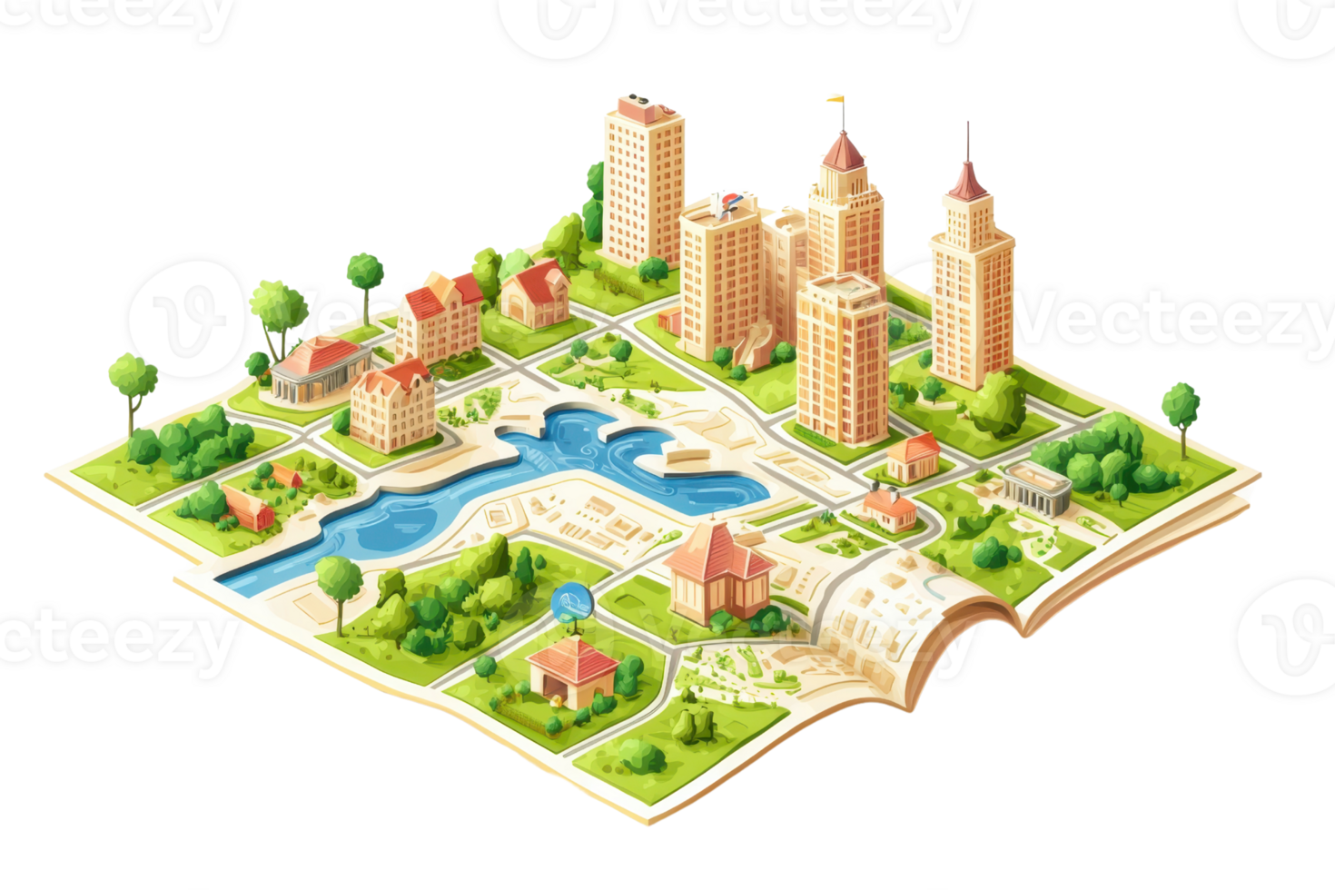A colorful, artistic city map featuring buildings, greenery, and water elements, depicting an urban landscape in a playful design. png