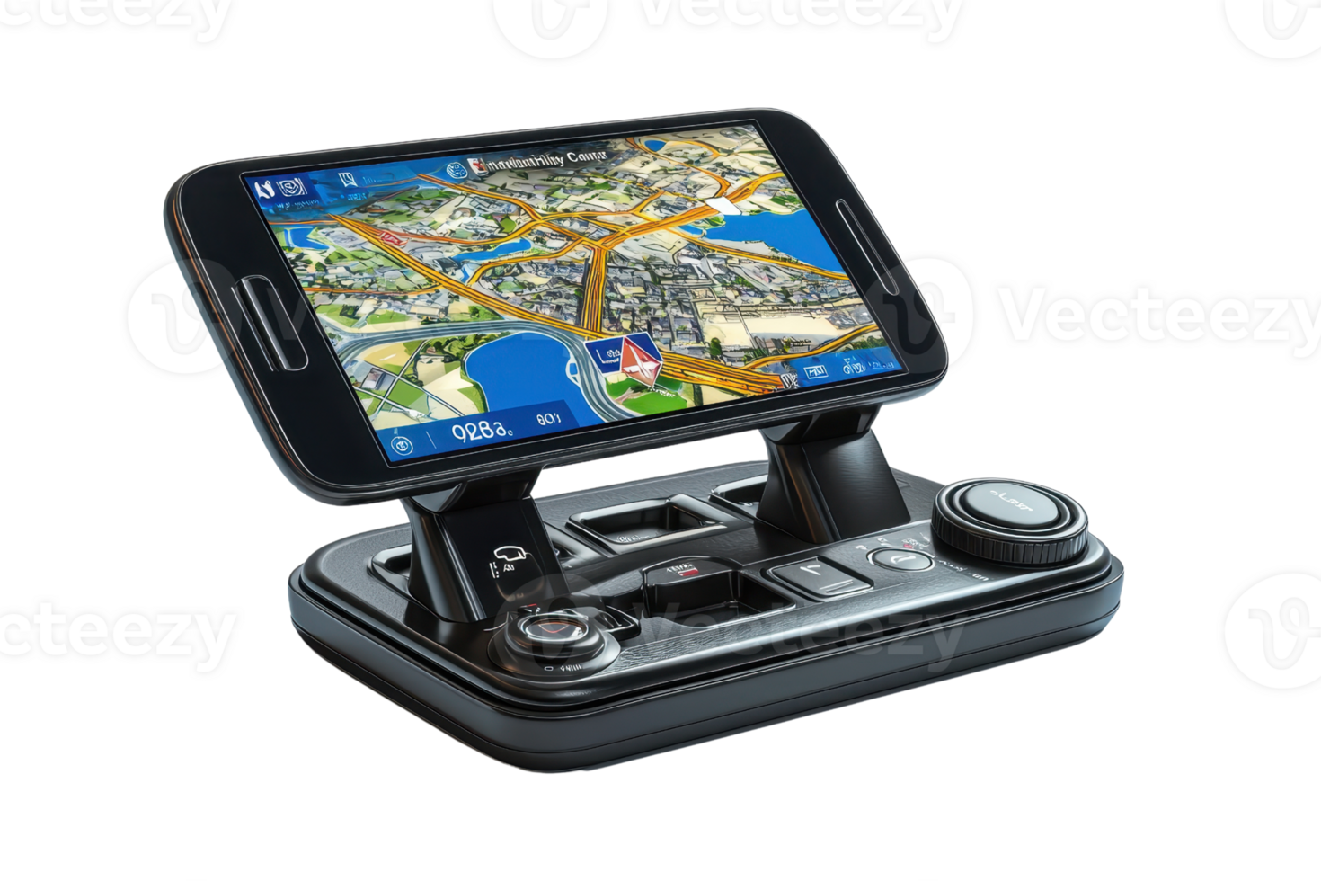 A smartphone mounted on a gaming controller, displaying a detailed map interface. png