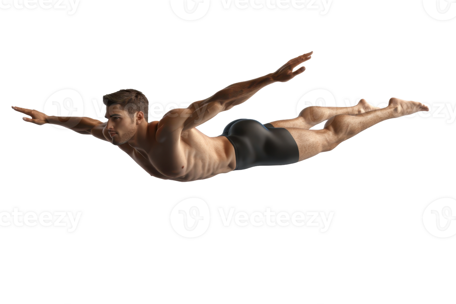 A muscular man is diving through the air with arms extended, showcasing athleticism and strength. png