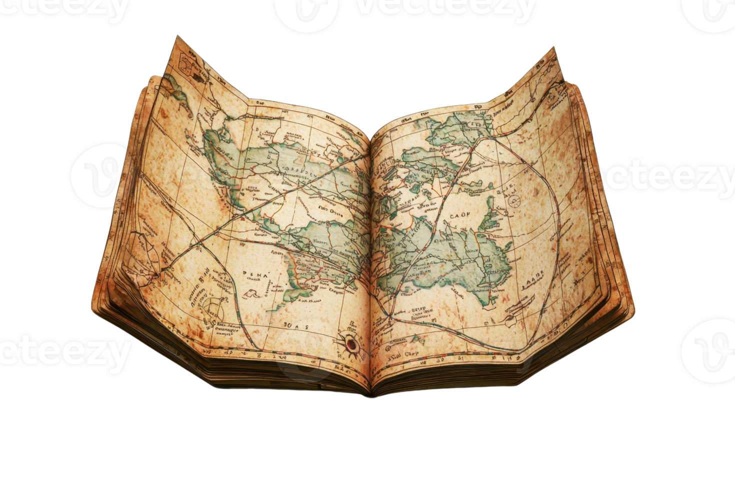An aged, open map book displaying intricate geographical features and vintage aesthetics. png