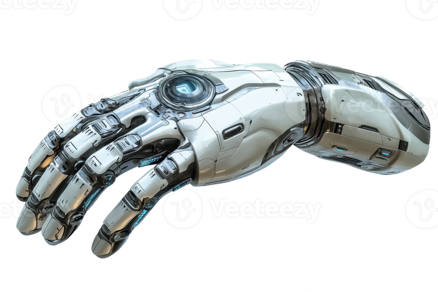 A robotic hand featuring intricate designs, metallic textures, and advanced technological components. png