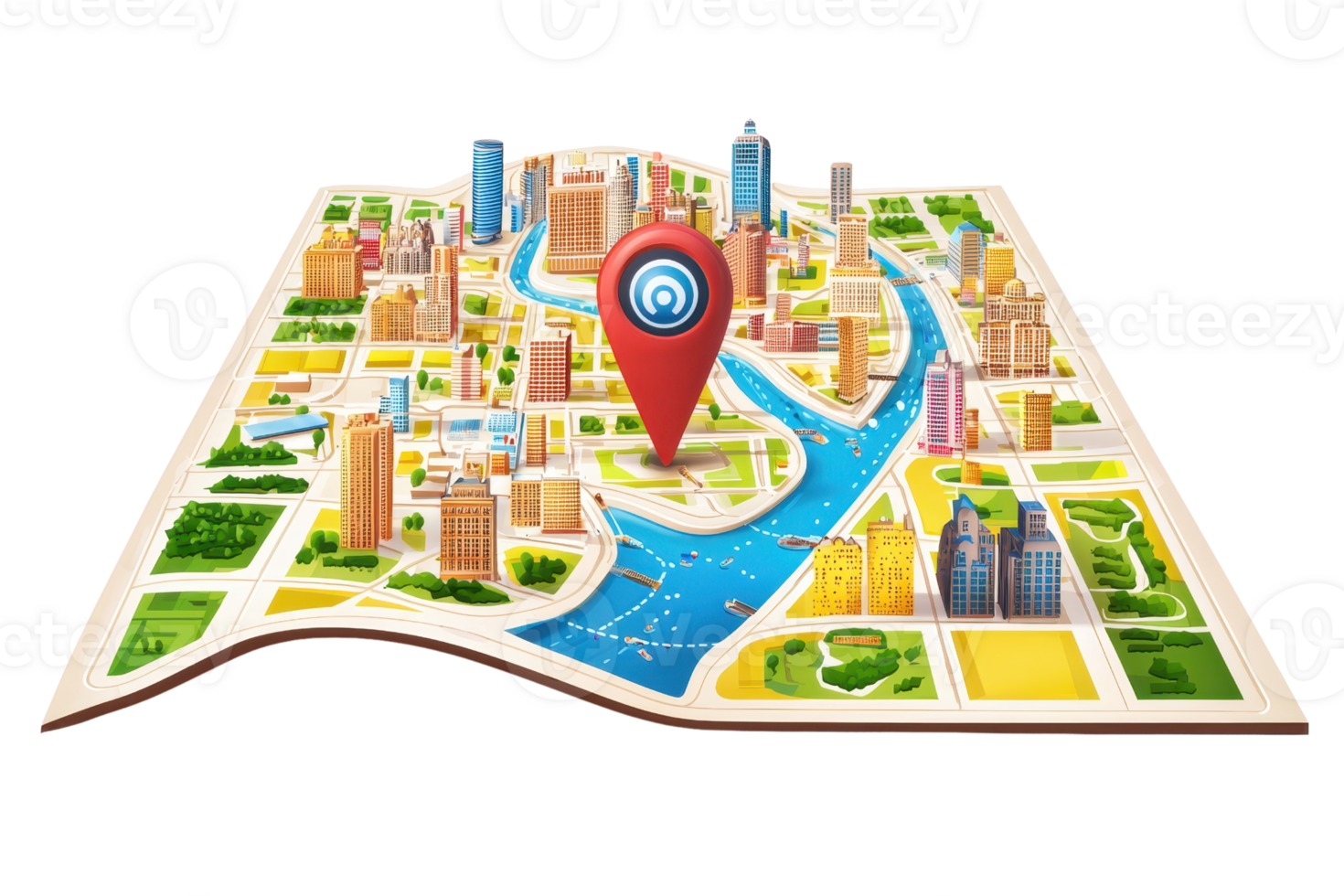 A vibrant city map featuring a prominent location pin and various urban elements like buildings, greenery, and water. png