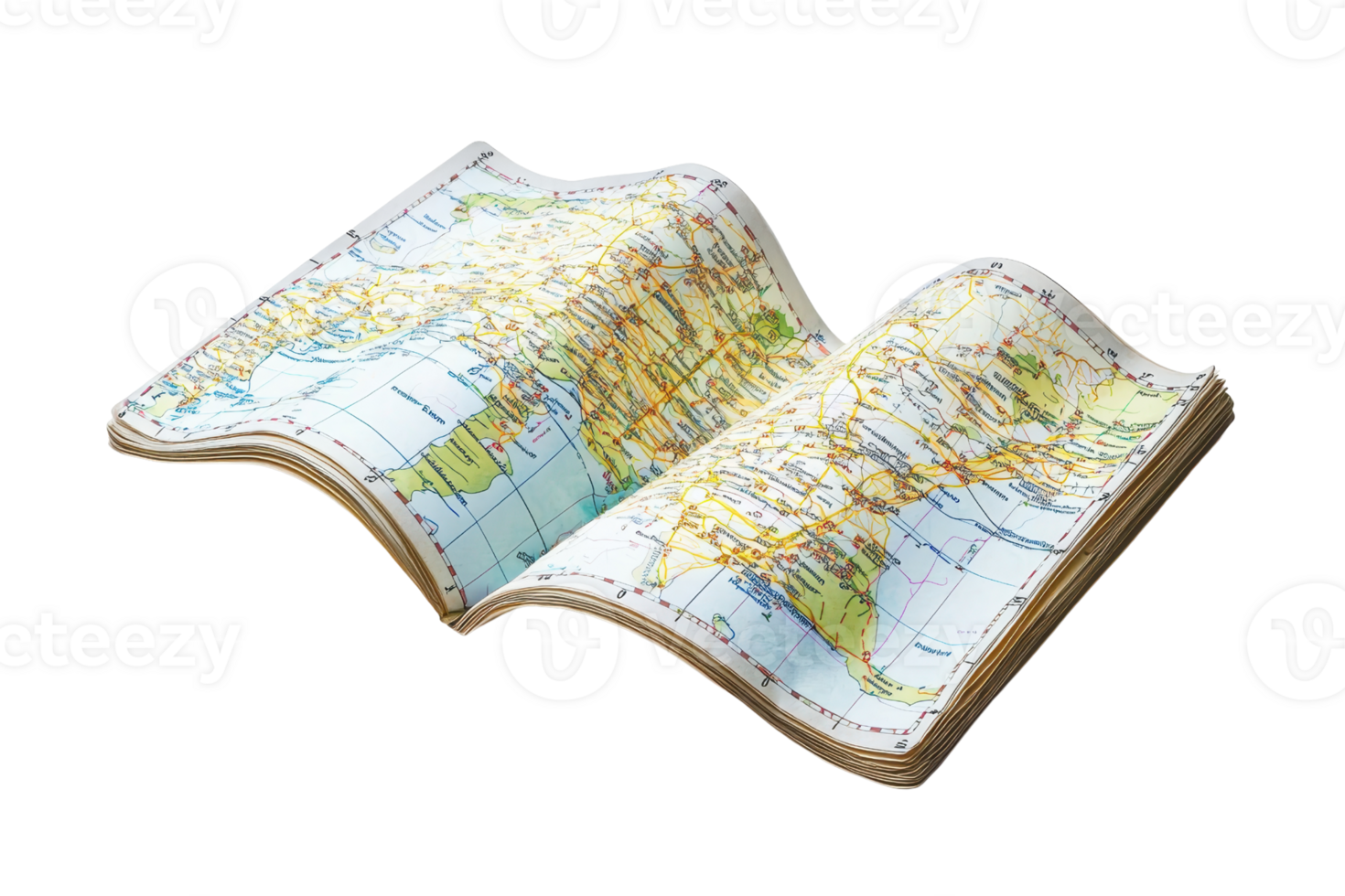A folded map displaying geographic details and locations, indicating various regions and landmarks. png