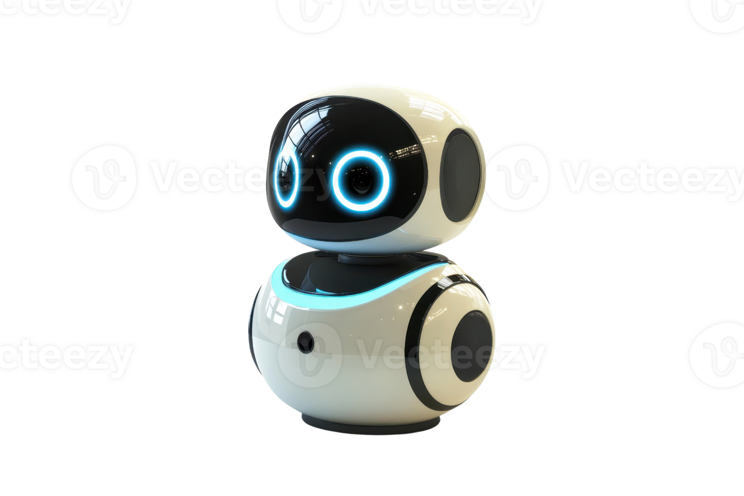 A sleek, futuristic robot with a round body and glowing blue features, designed for interaction and engagement. png