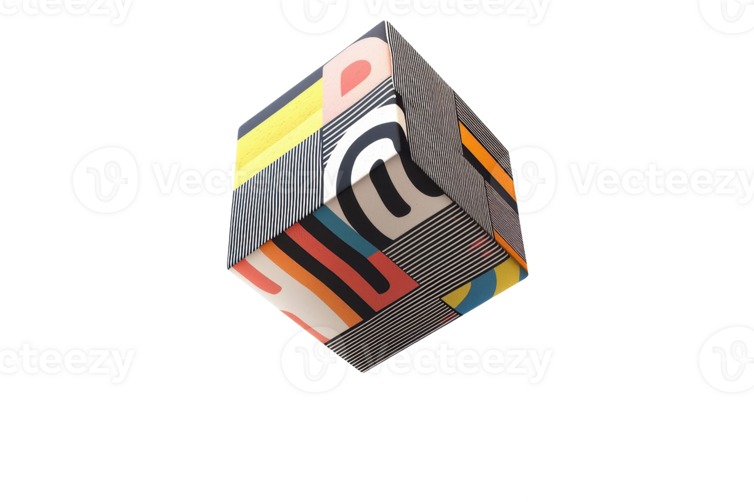 A colorful cube adorned with abstract patterns and vibrant designs, showcasing a modern artistic style. png