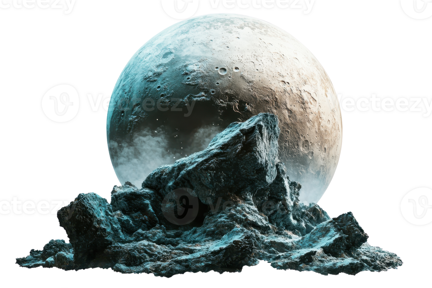 A large moon hovers above a rocky, textured surface, showcasing intricate details and a captivating, ethereal glow. png