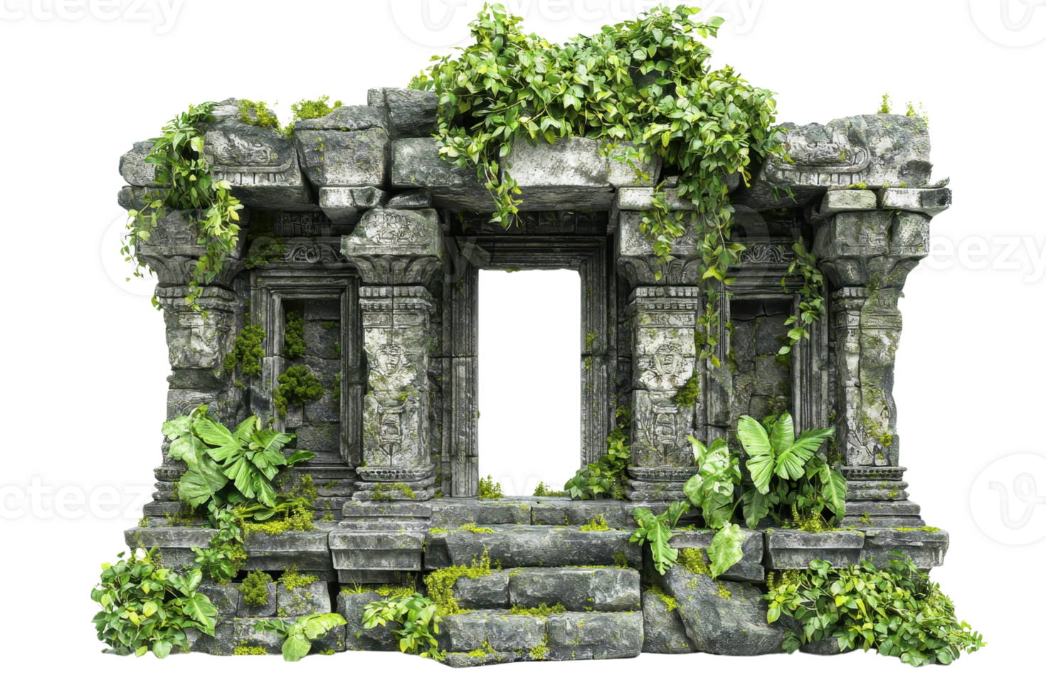 An ancient stone structure adorned with intricate carvings, surrounded by lush greenery and vines, evoking a sense of history and nature's reclamation. png