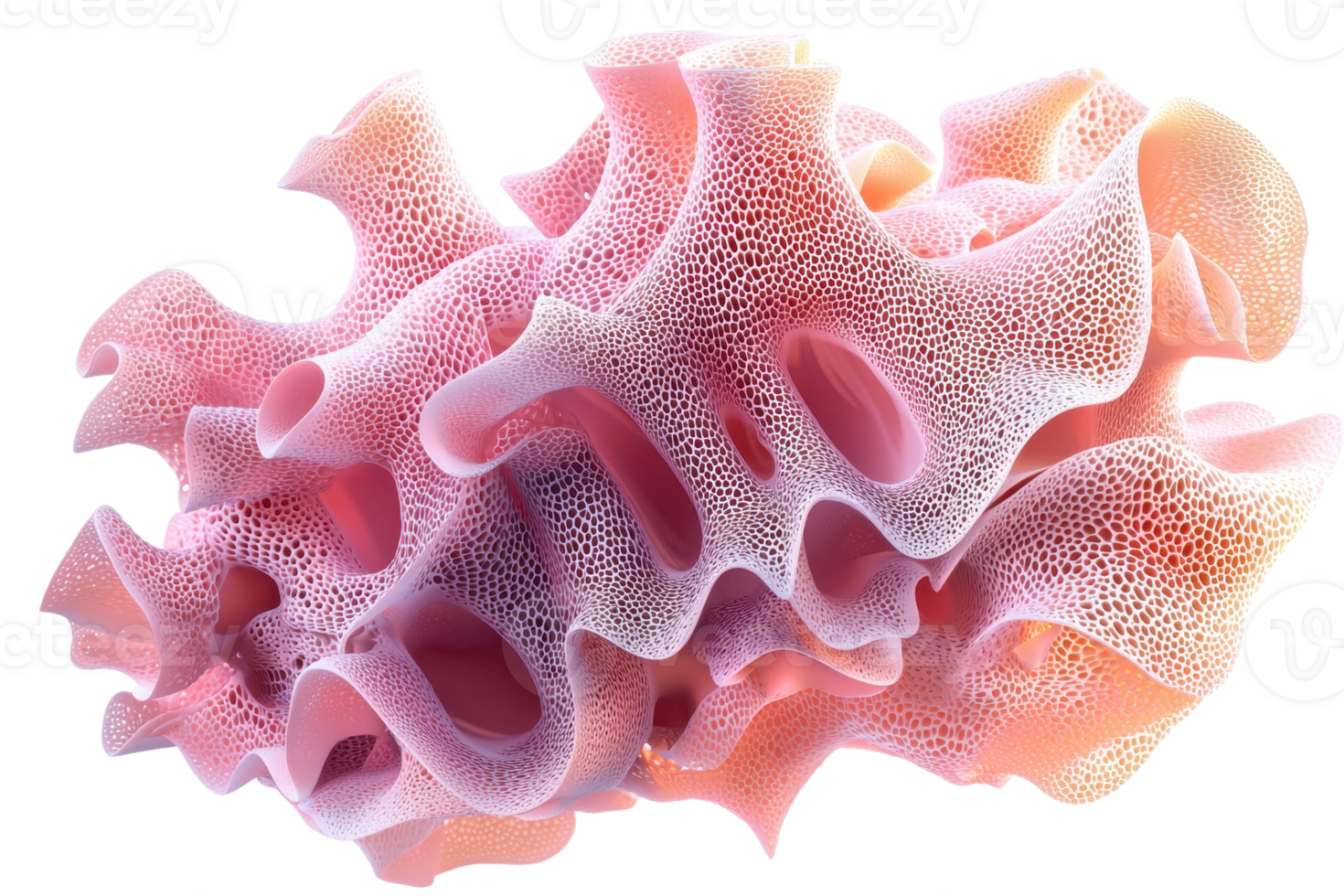A vibrant, coral-like structure featuring intricate textures and irregular shapes, showcasing shades of pink and white. png