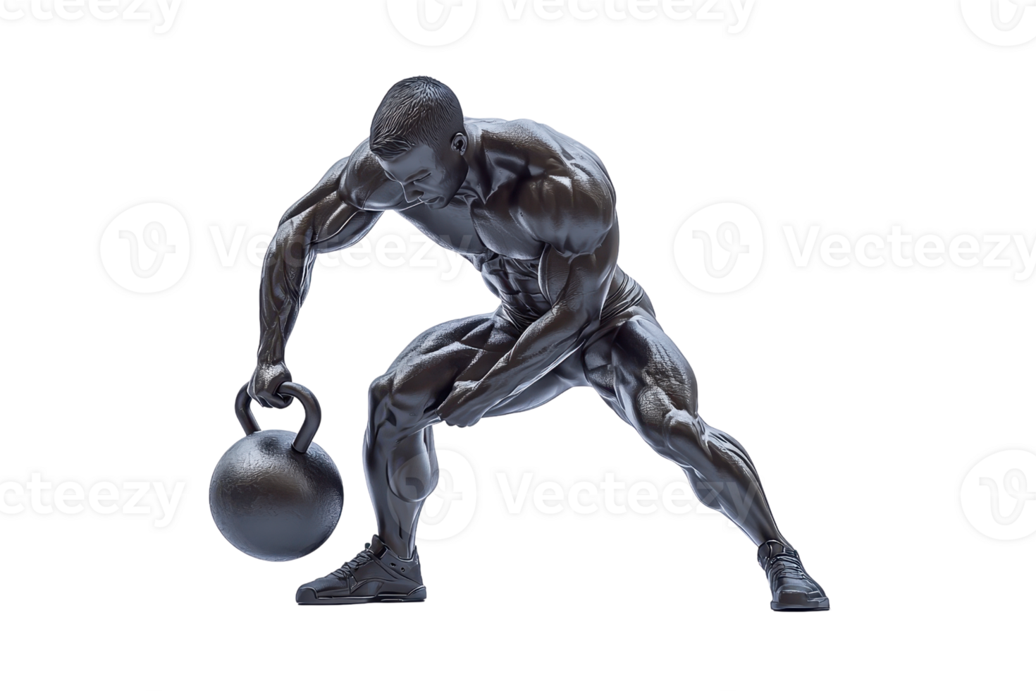 A muscular figure lifting a kettlebell, showcasing strength and athleticism in a dynamic pose. png